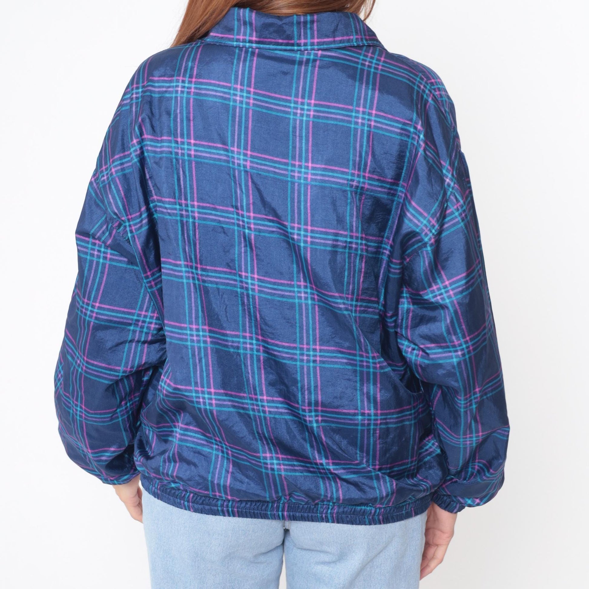 90s Pro Spirit Plaid Windbreaker Navy Blue Pink Turquoise Medium