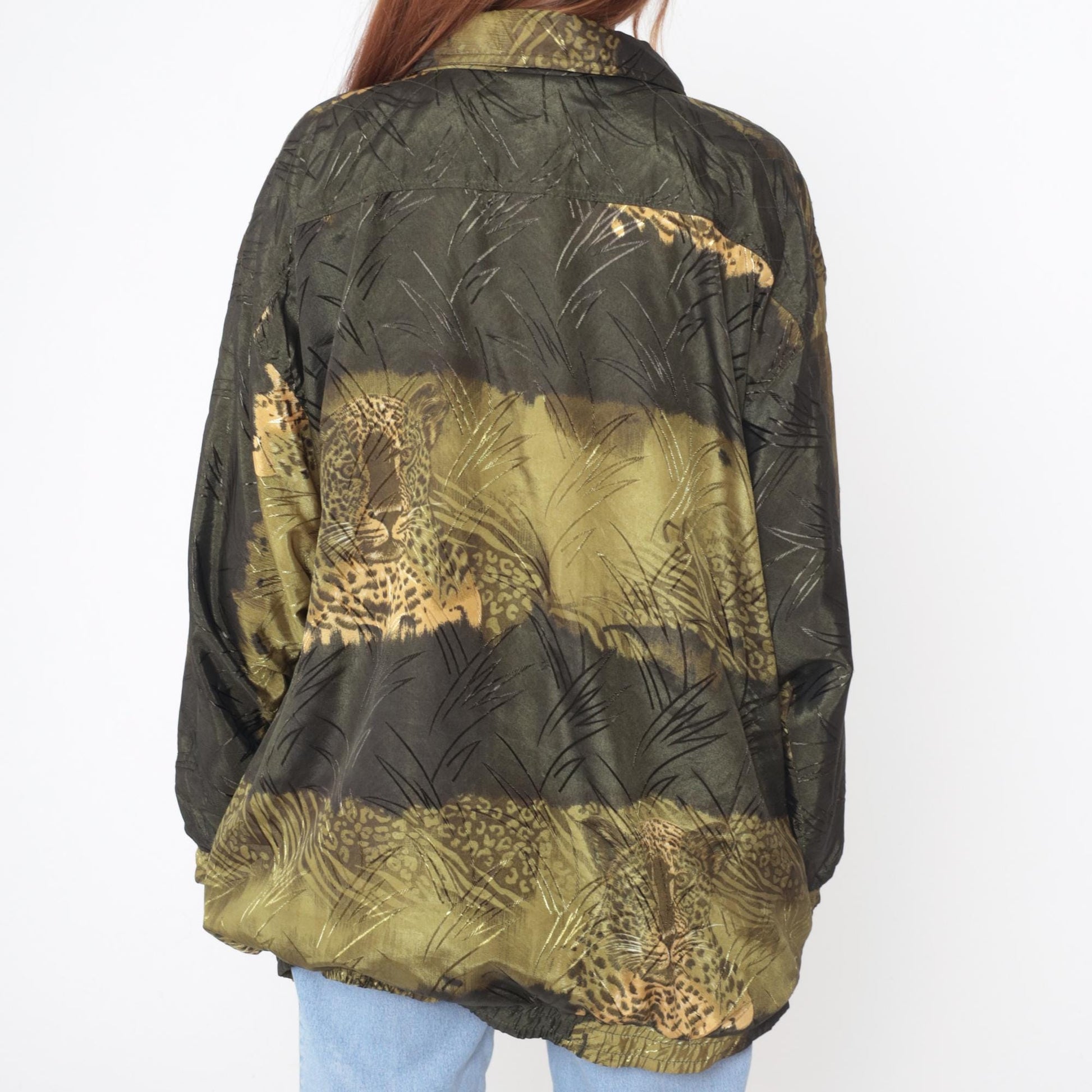 90s Leopard Print Windbreaker Jacket Jungle Safari Green Brown Tan Extra Large XL