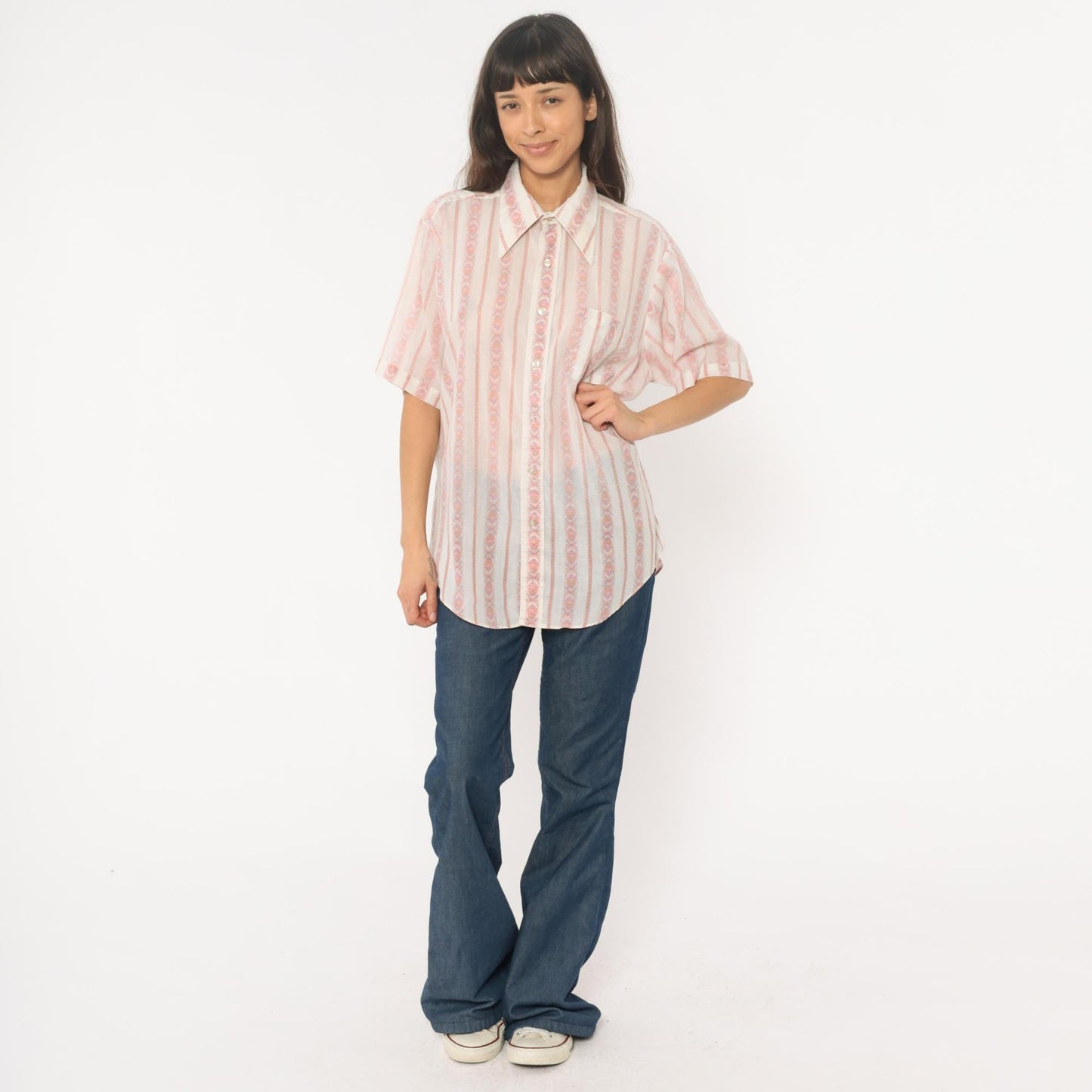 70s Campus Pink Striped Paisley Button-Down Blouse Pointed Collar Large L