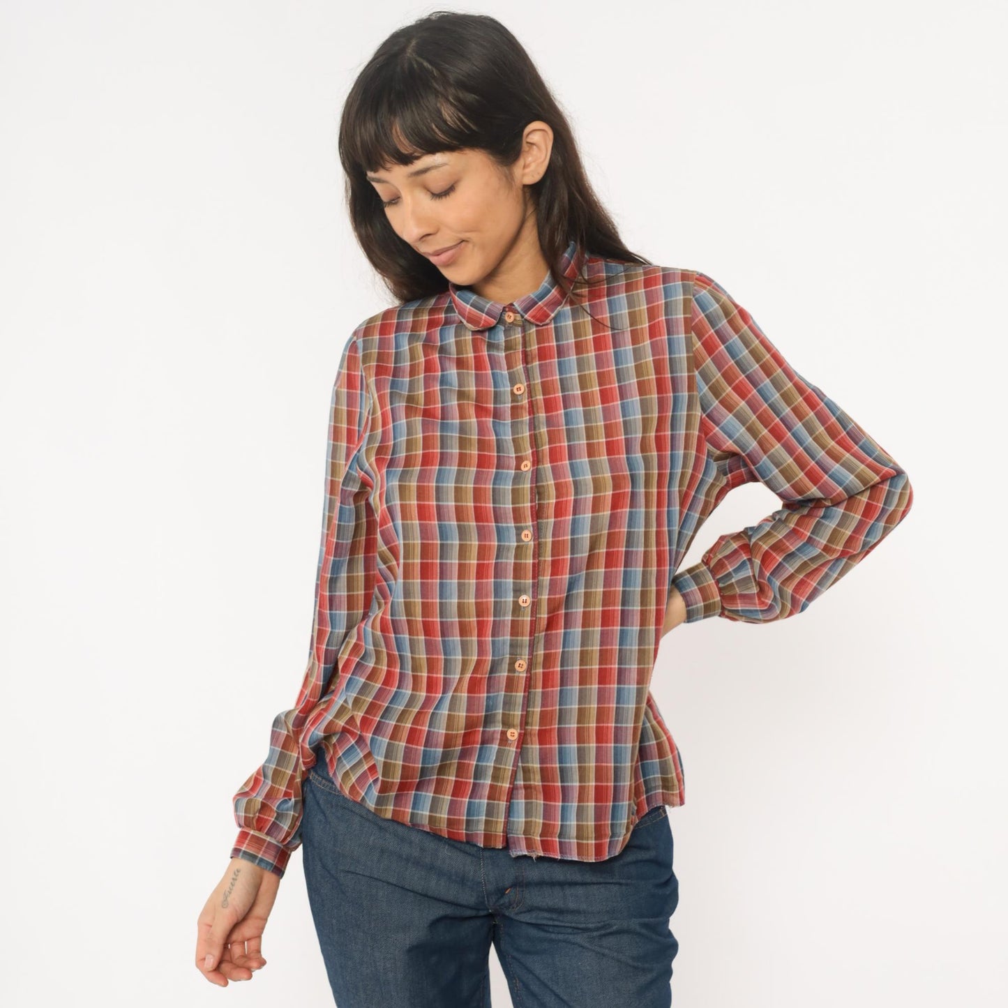 80s West Coast Connection Plaid Button Down Shirt Red Blue Small