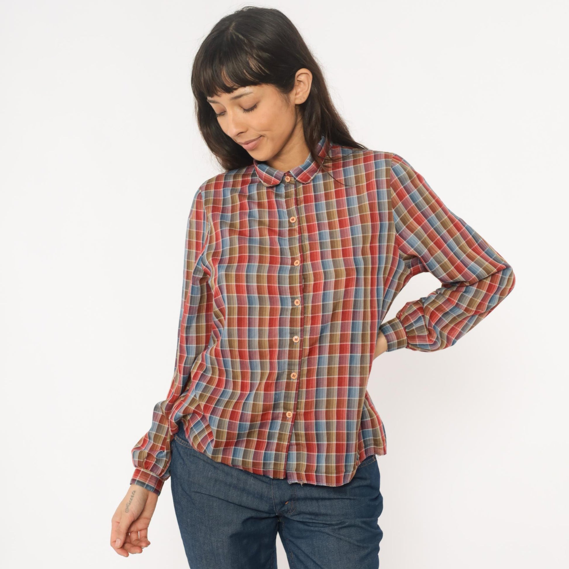80s West Coast Connection Plaid Button Down Shirt Red Blue Small