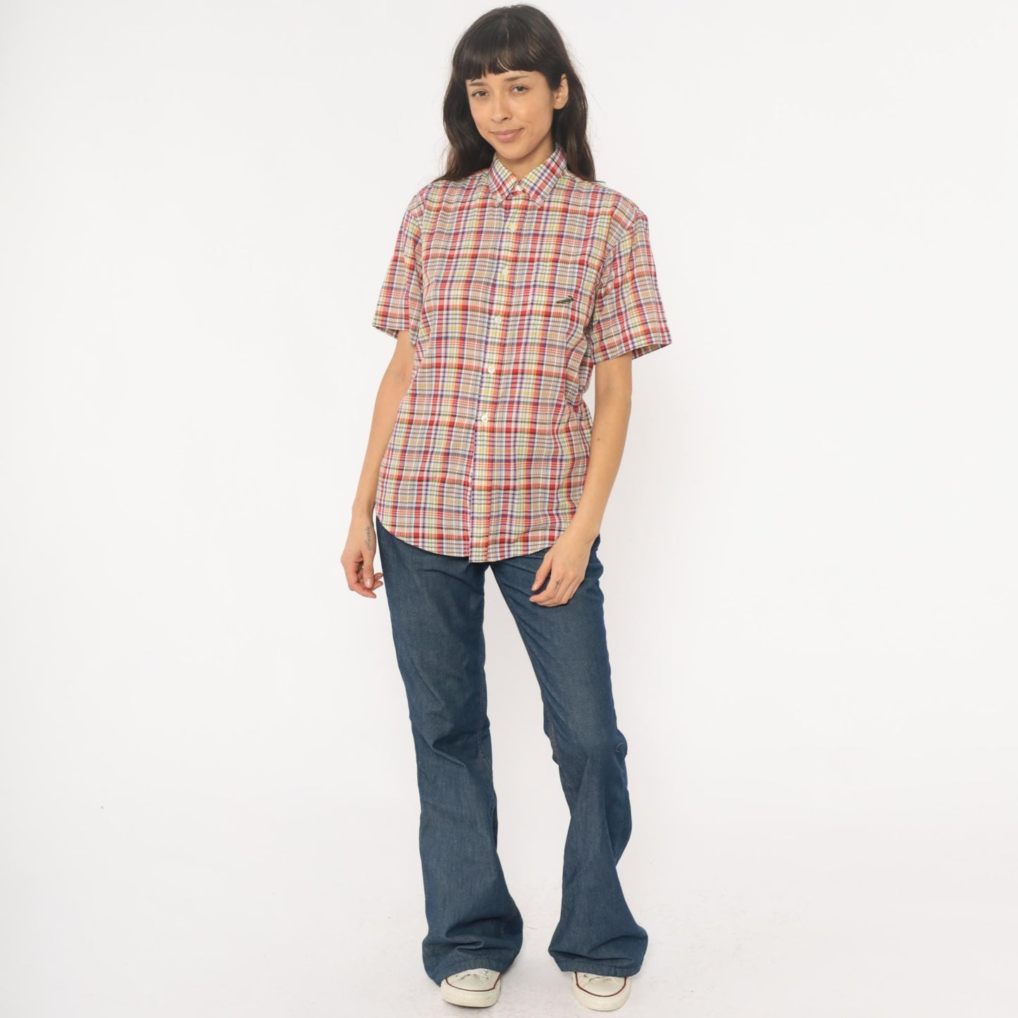 90s Multicolor Plaid Button-Up Shirt Cotton Short Sleeve Small S
