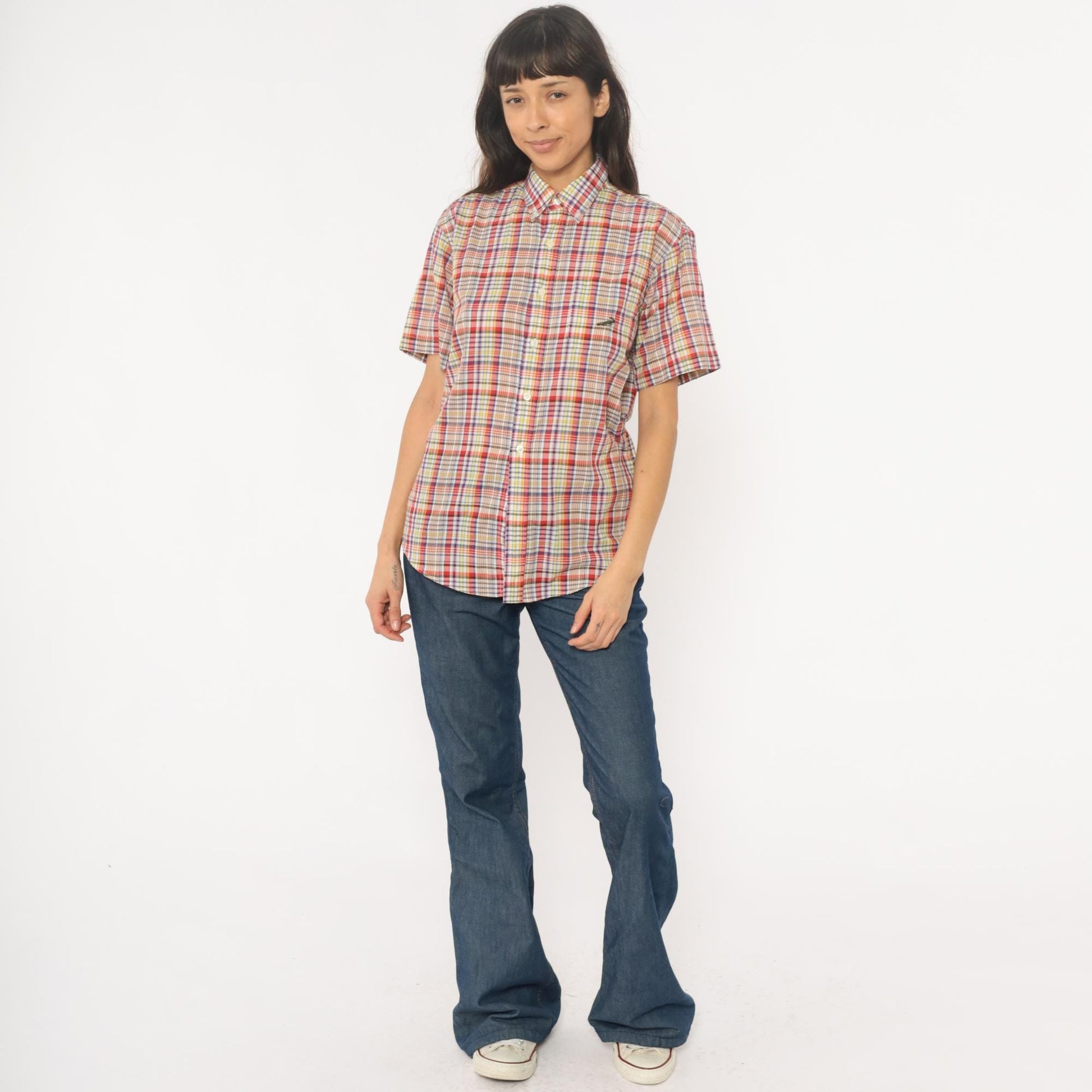 90s Multicolor Plaid Button-Up Shirt Cotton Short Sleeve Small S