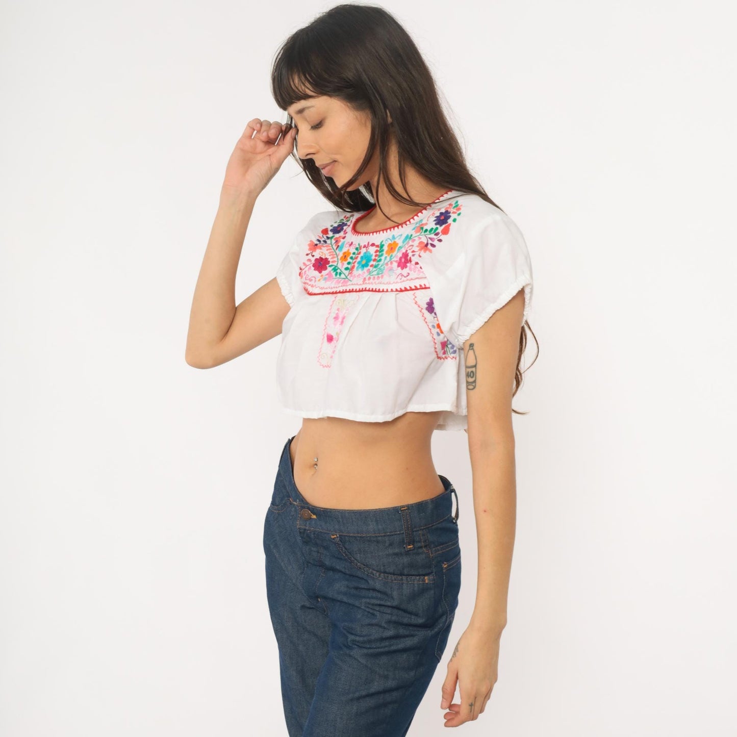 90s Mexican Embroidered Crop Top White Cotton Floral Huipil Small