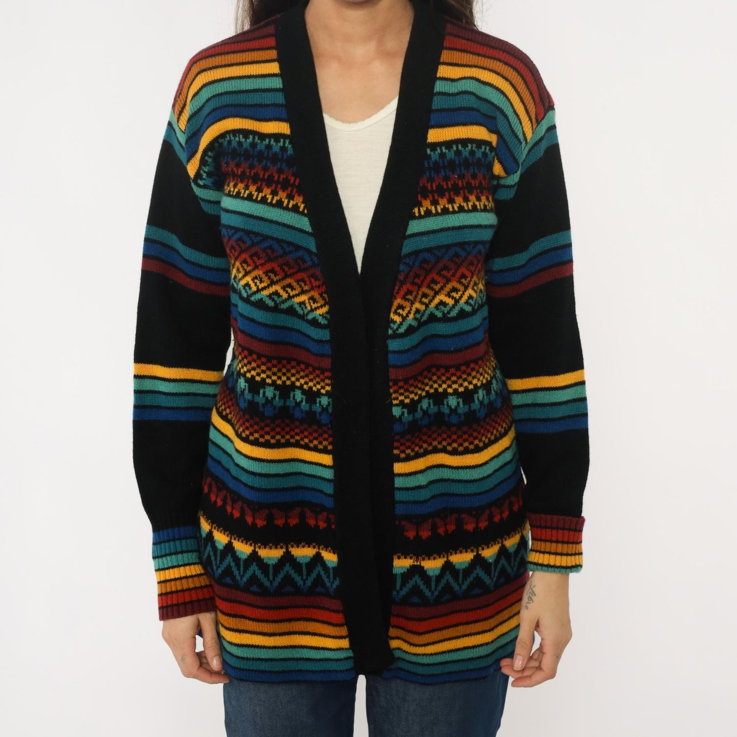 70s Black Cardigan Multicolor Striped Geometric Knit Sweater Medium M