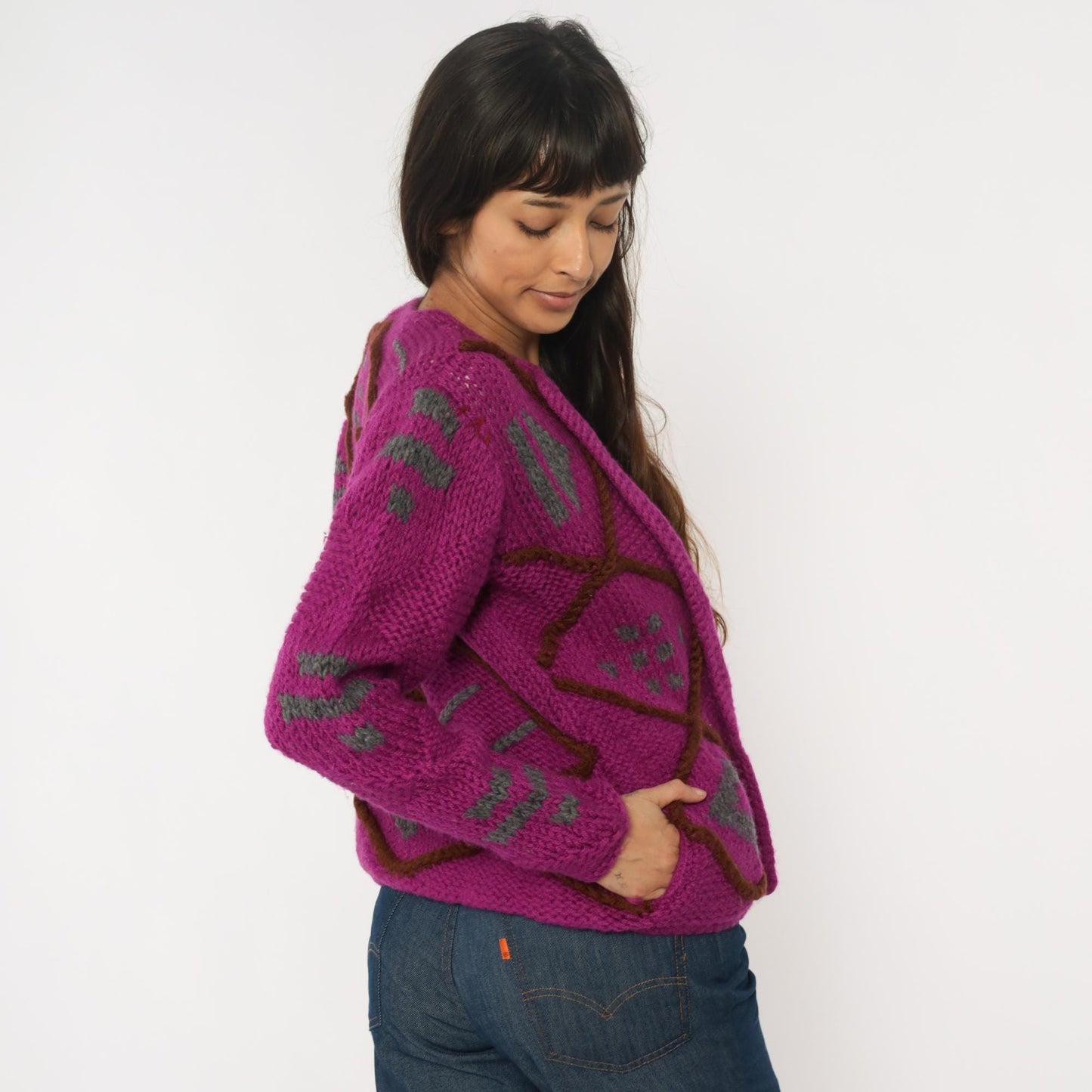 90s Purple Argyle Cardigan Wool Blend Chunky Knit Diamond Pattern Small