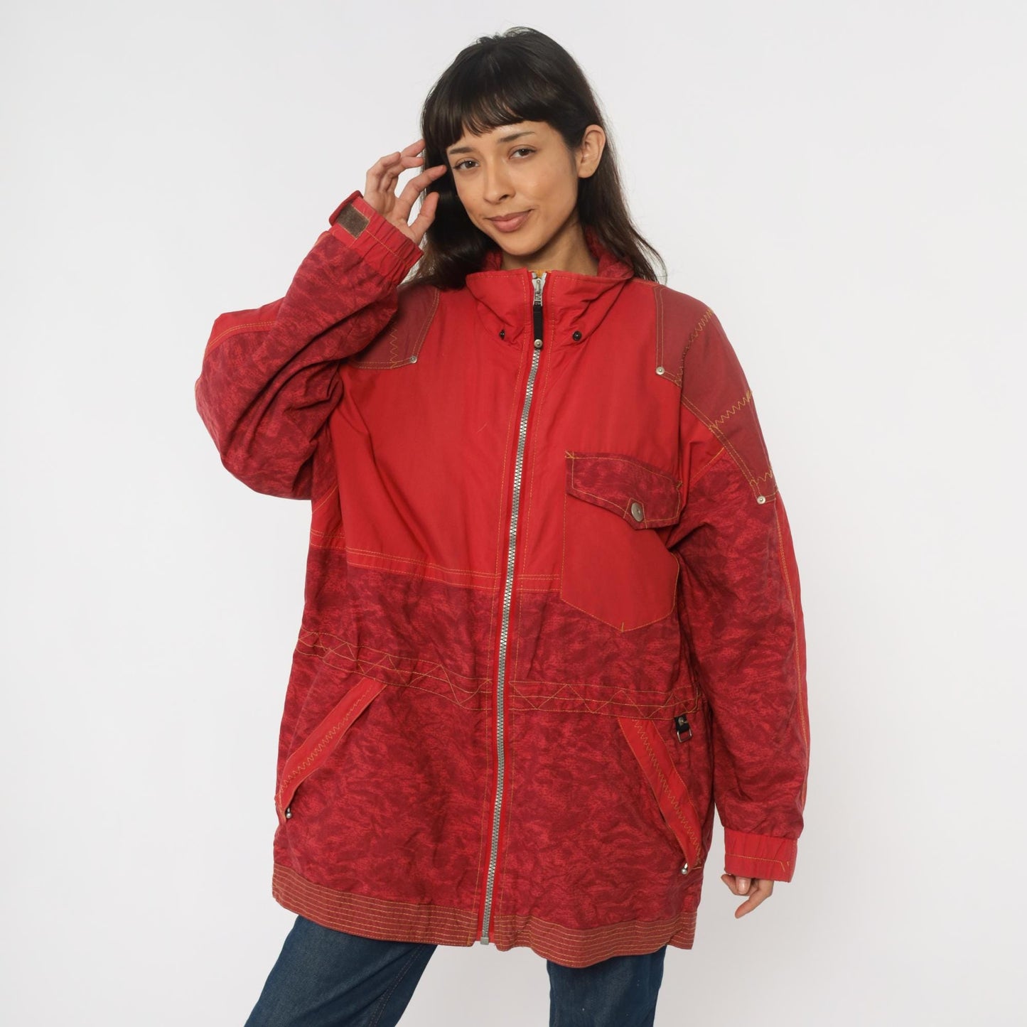80s Obermeyer Red Nylon Windbreaker Ski Jacket Colour-Block Extra Large XL