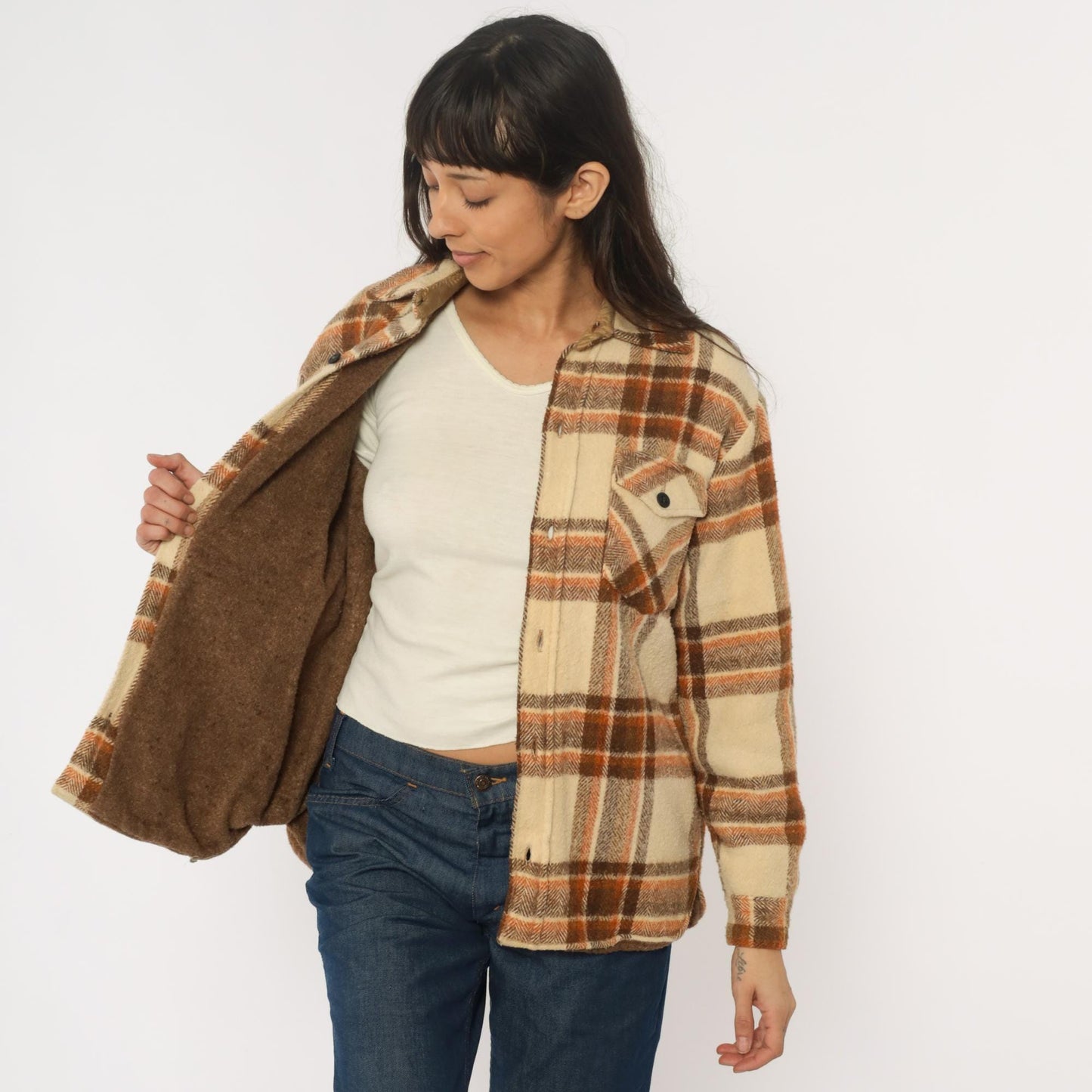 70s Briarcliff Plaid Flannel Shirt Cream Brown Cotton Blend Lined Medium
