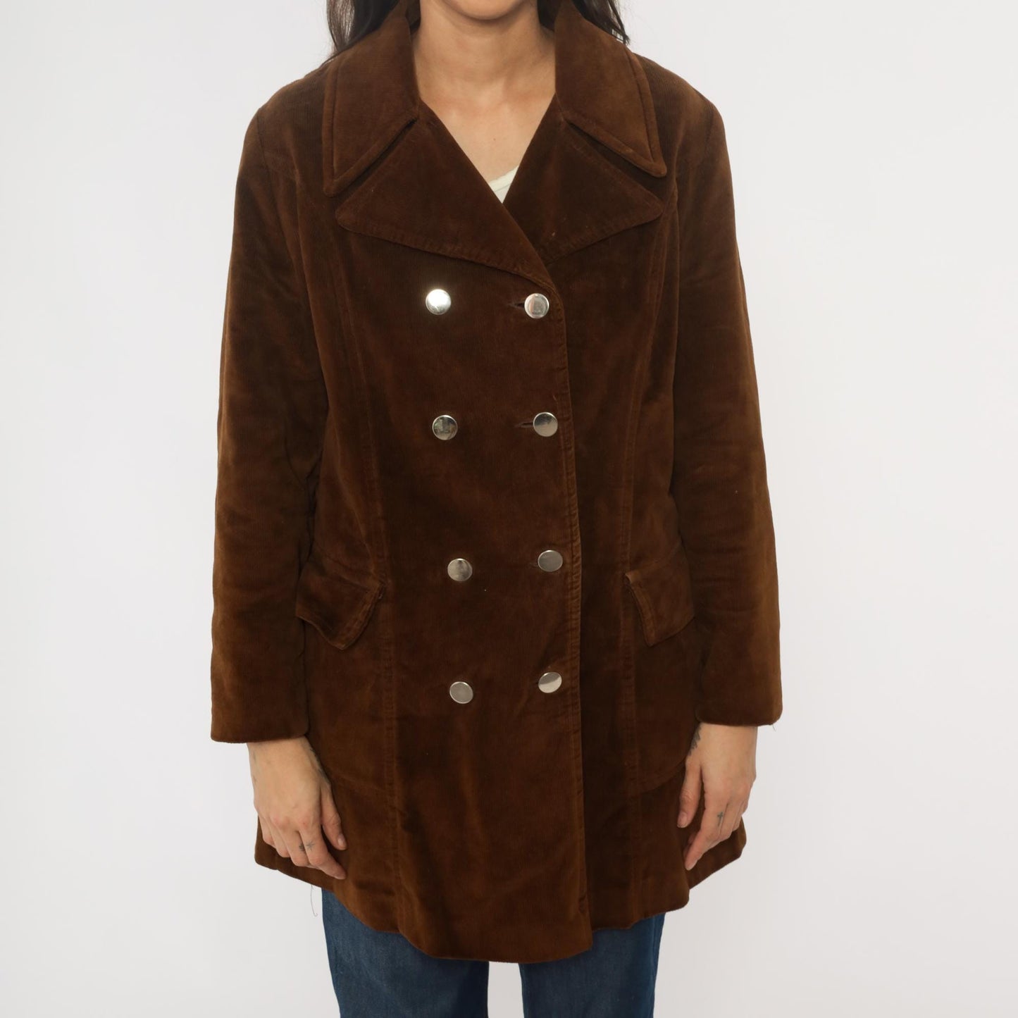 70s Chocolate Brown Corduroy Coat Double Breasted Knee Length Fleece Lined Medium