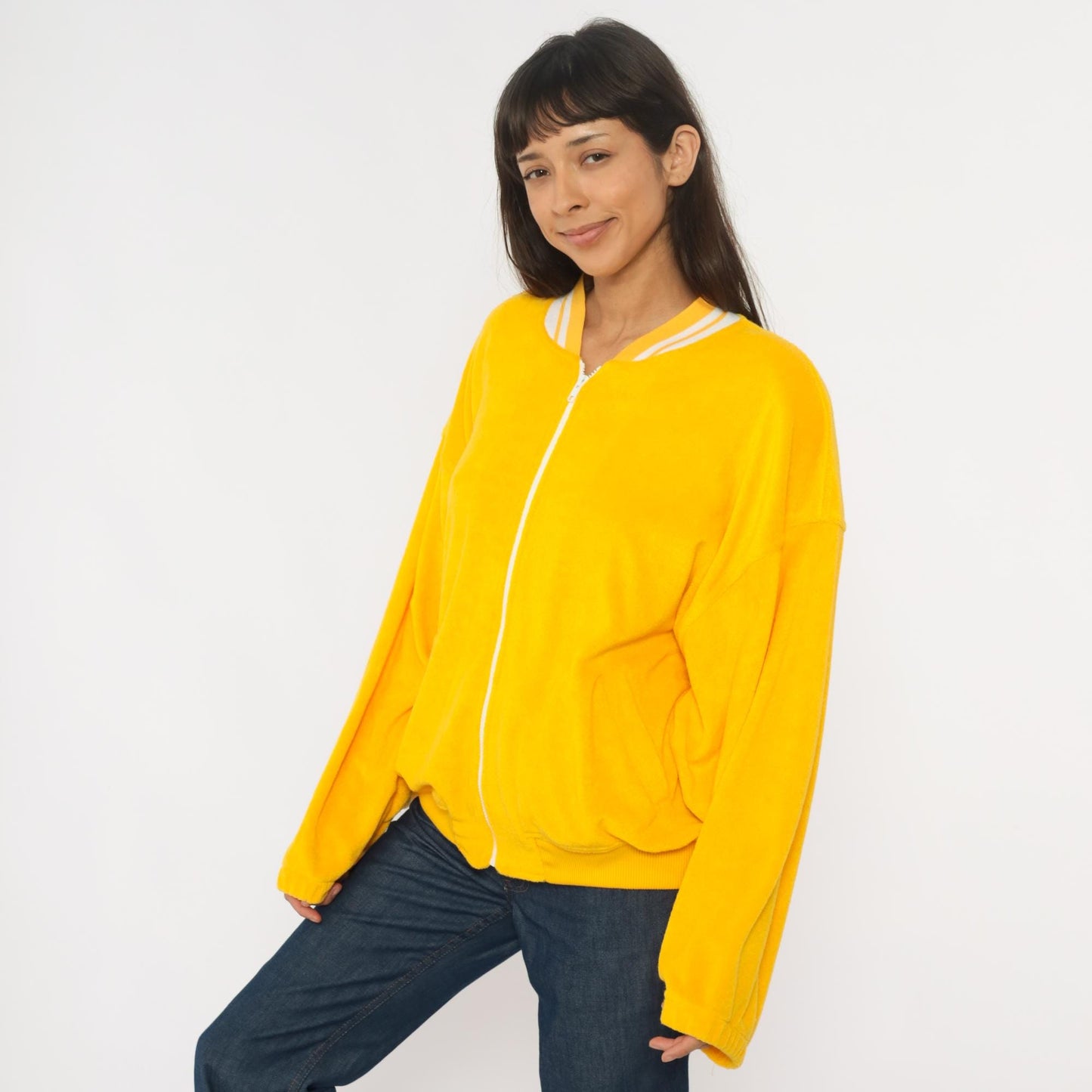80s CA Sport Terrycloth Zip Jacket Compass Embroidered Yellow Plus Size XXL