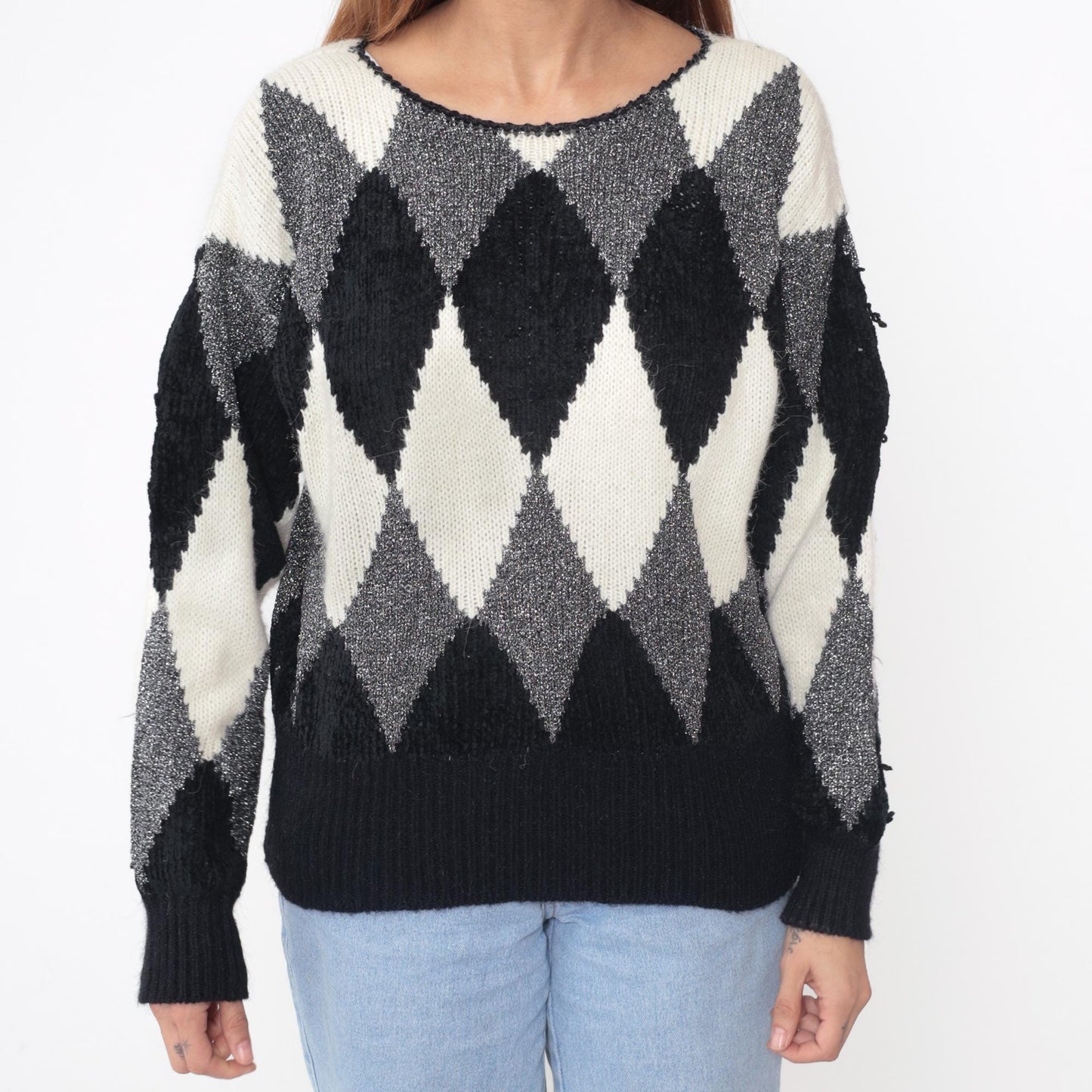 80s Liz Claiborne Diamond Harlequin Sweater Black White Metallic Medium