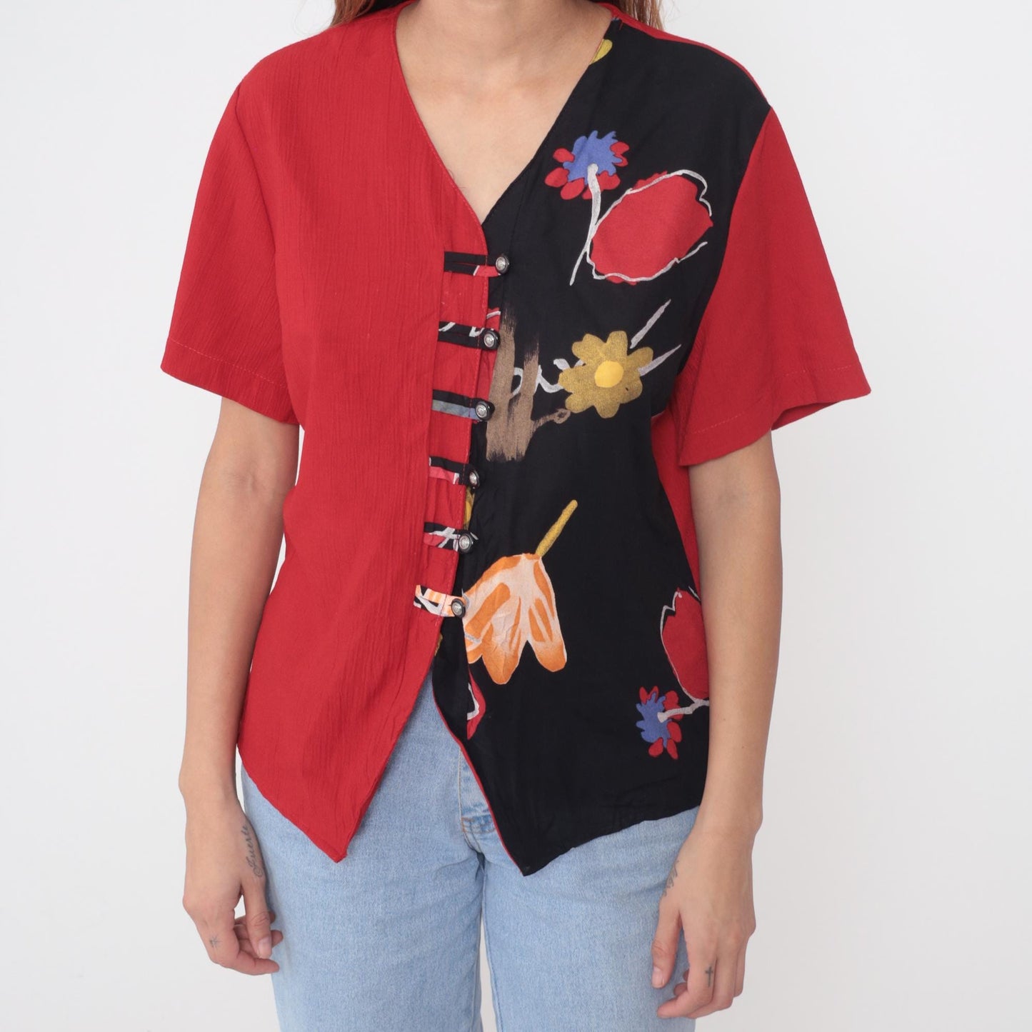 90s Cascais Floral Color Block Blouse Red Black Abstract Flowers V Neck Medium