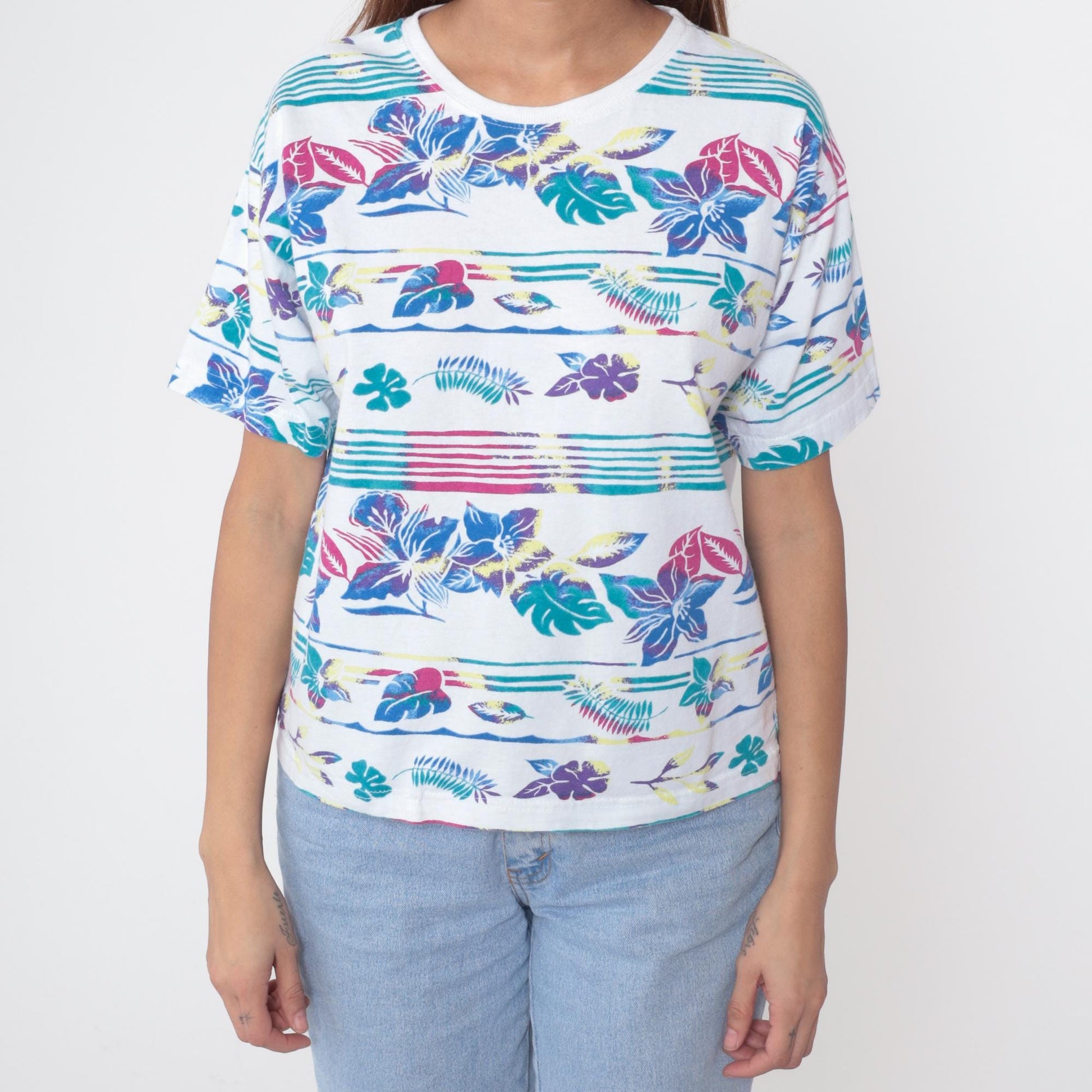 90s Victoria Jones Tropical Floral Striped Cotton Tee White Medium M