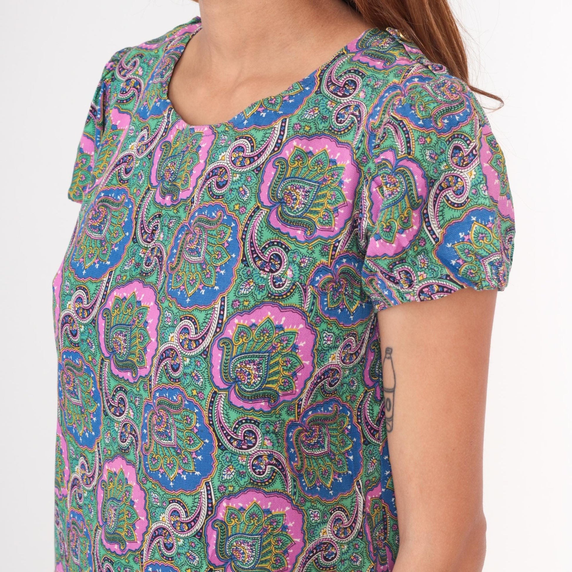 60s Psychedelic Paisley Mini Shift Dress Multicolor Cotton Small S