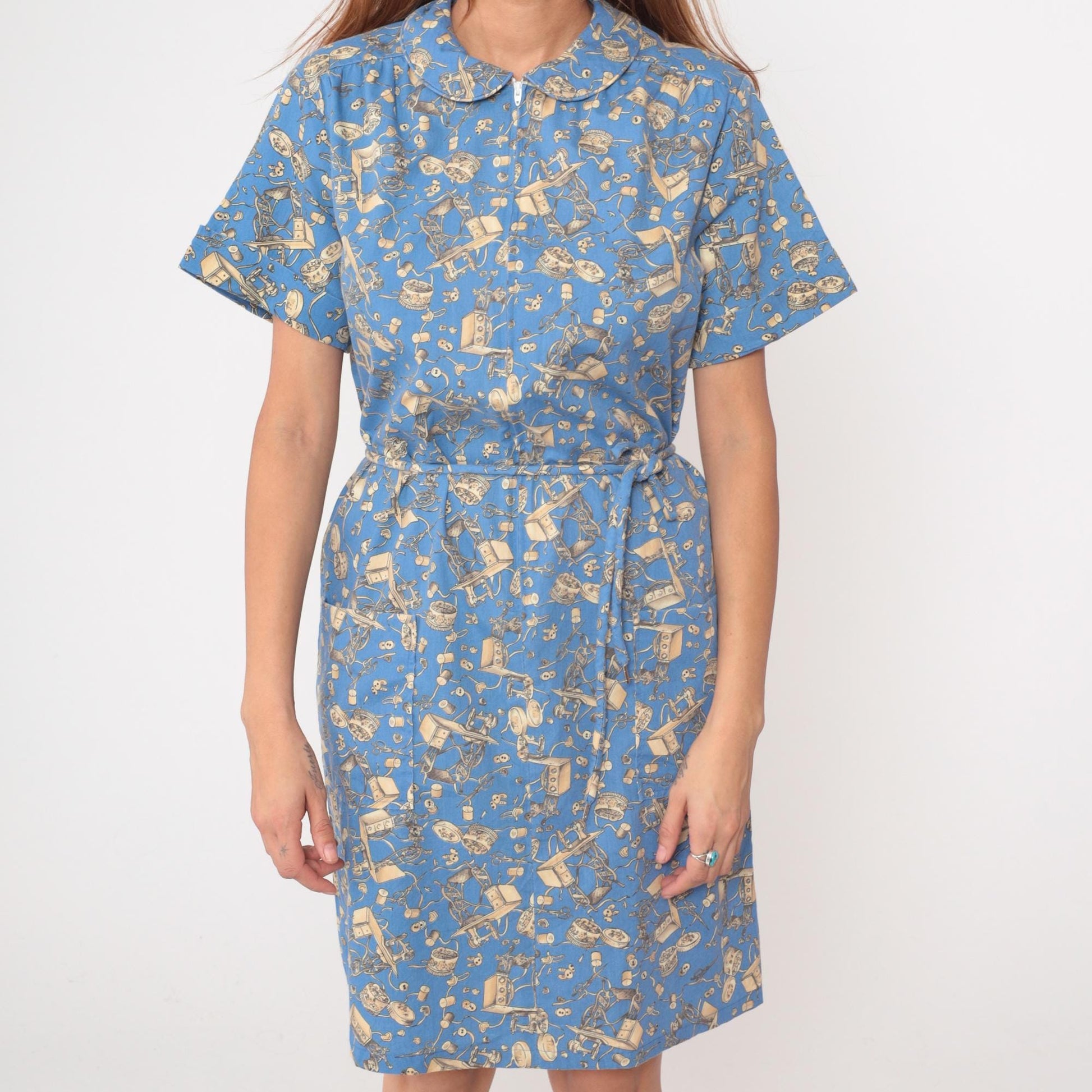 90s Zip n Dash Sewing Print Dress Blue Novelty Knee Length Medium