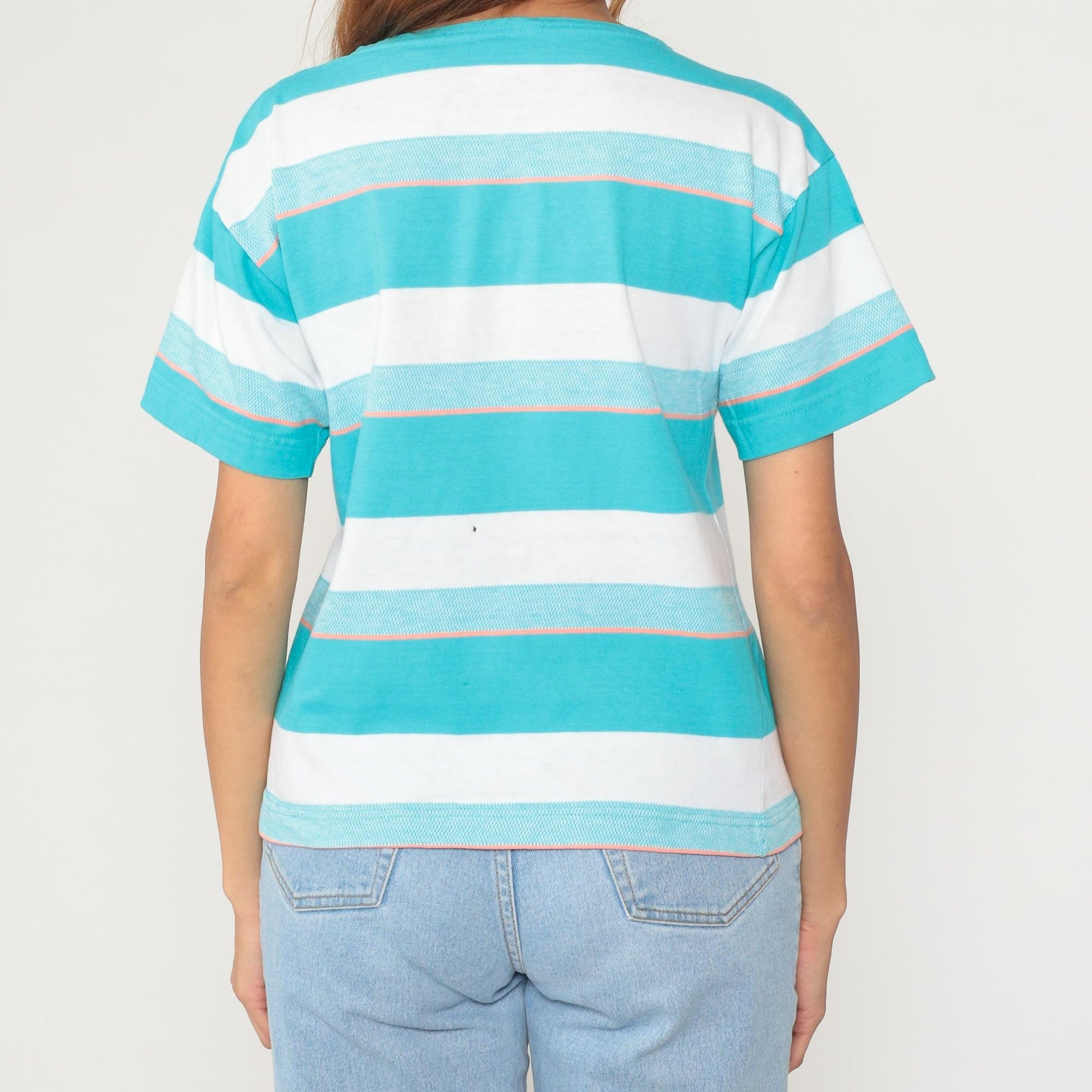 90s Aileen Striped Cotton Shirt Turquoise White Short Sleeve Small