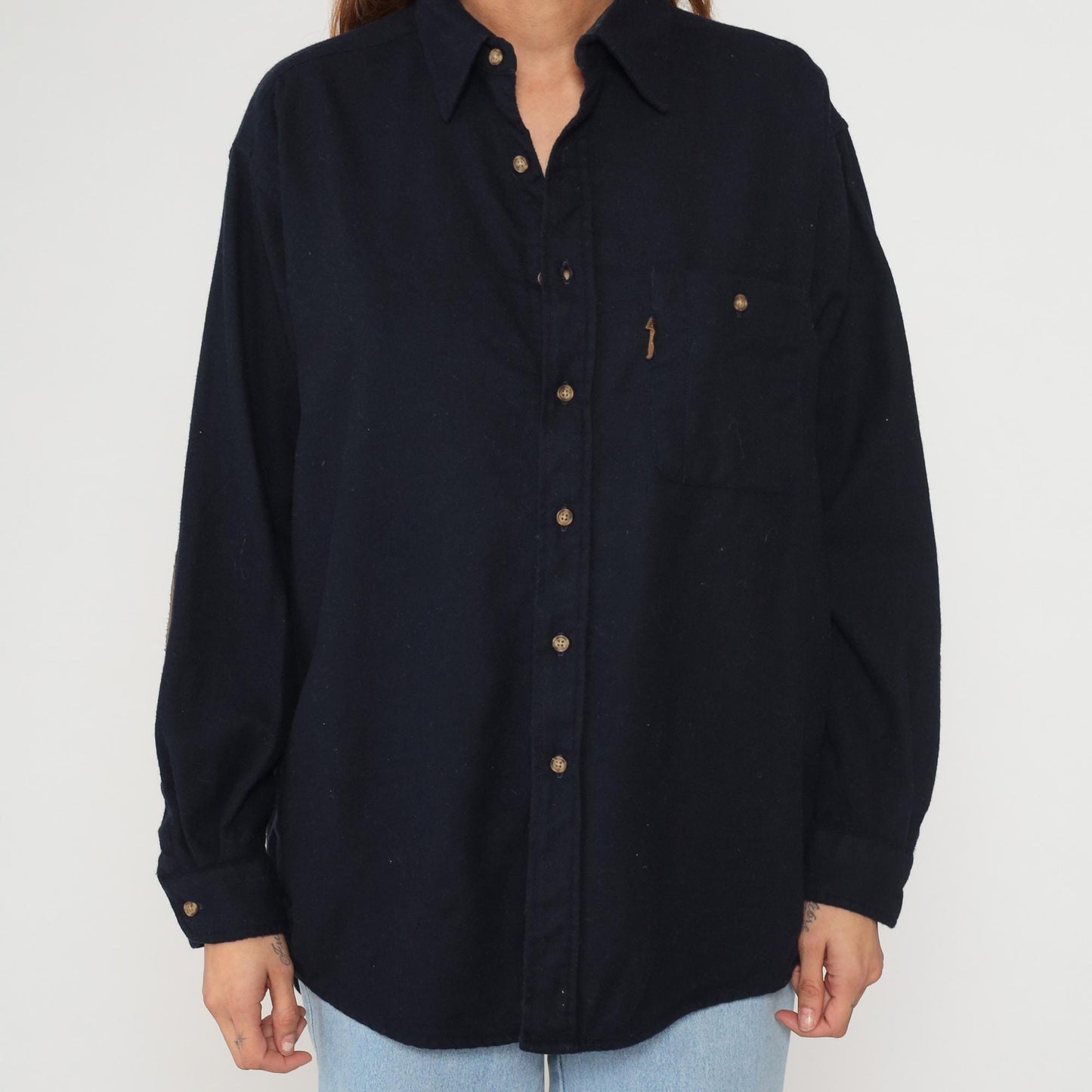 Y2K Pendleton Wool Shirt Navy Blue Suede Elbow Patches Collared Large L