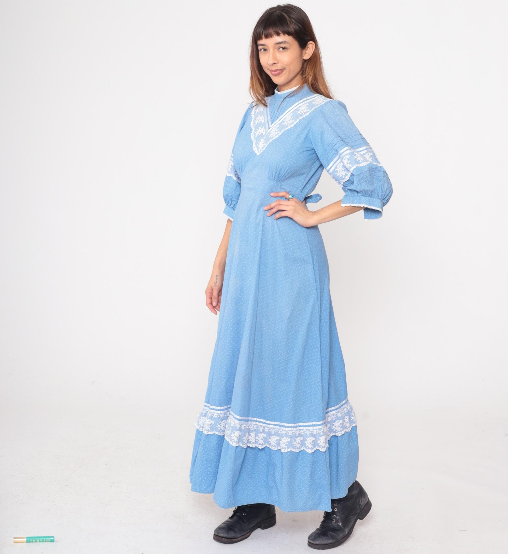 70s Light Blue Prairie Maxi Dress White Lace Trim Puff Sleeves Small