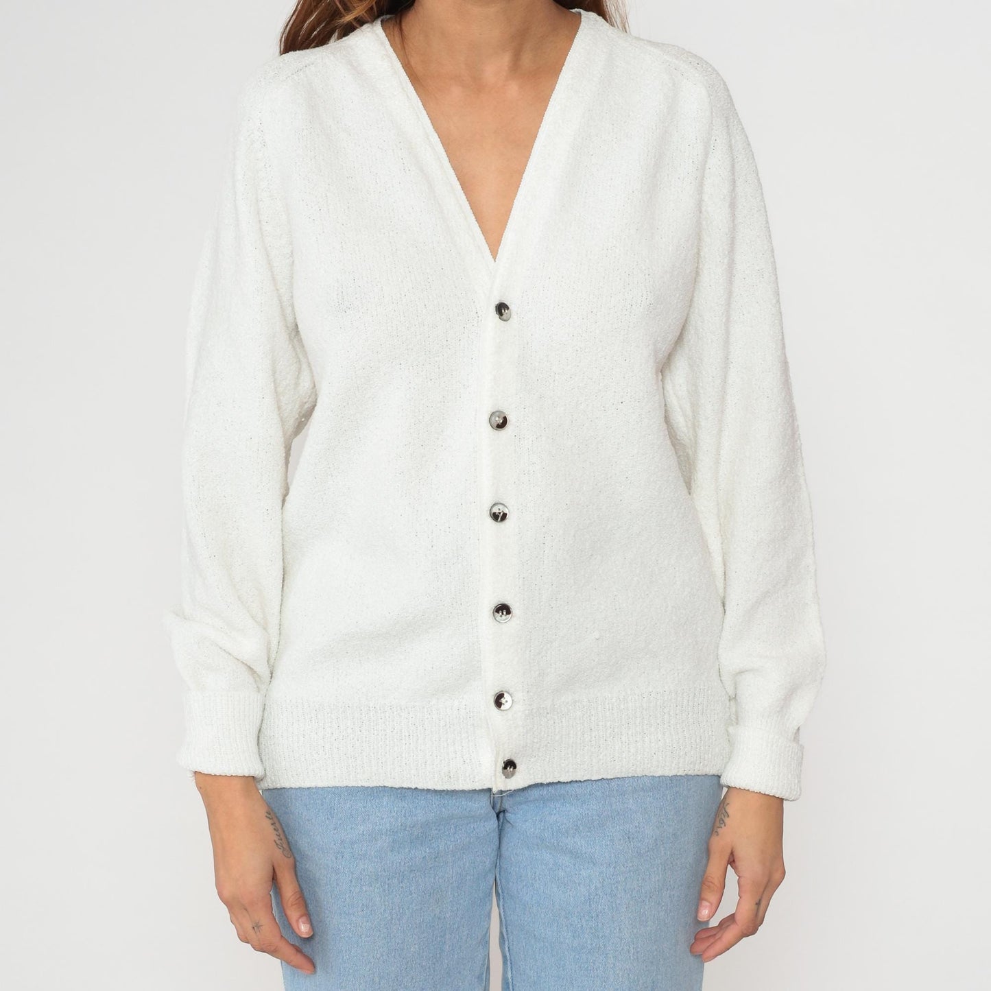 70s Cream Cardigan V-Neck Knit Sweater Silver Buttons Medium M
