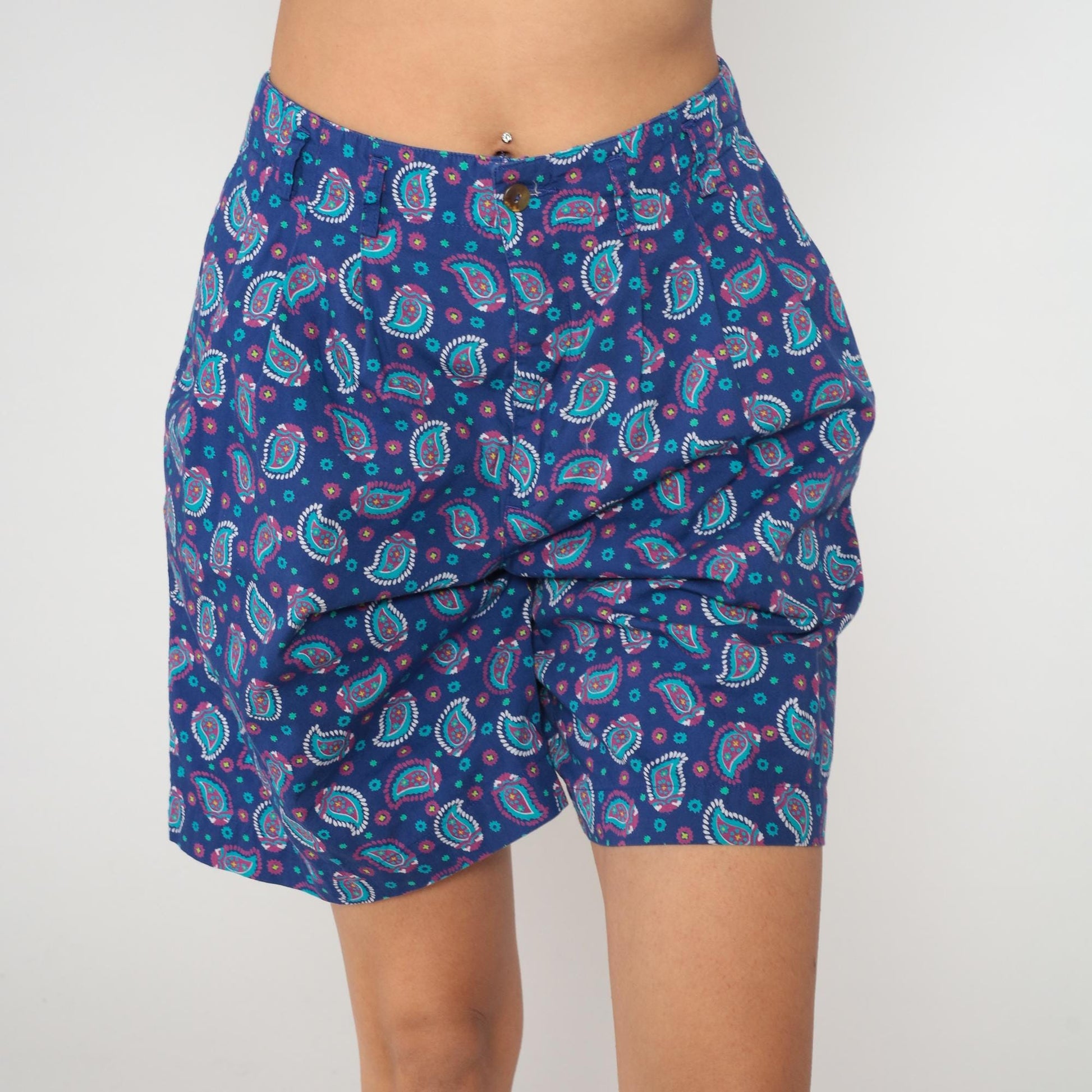 90s Liz Sport Paisley Shorts High Waisted Cotton Navy Medium