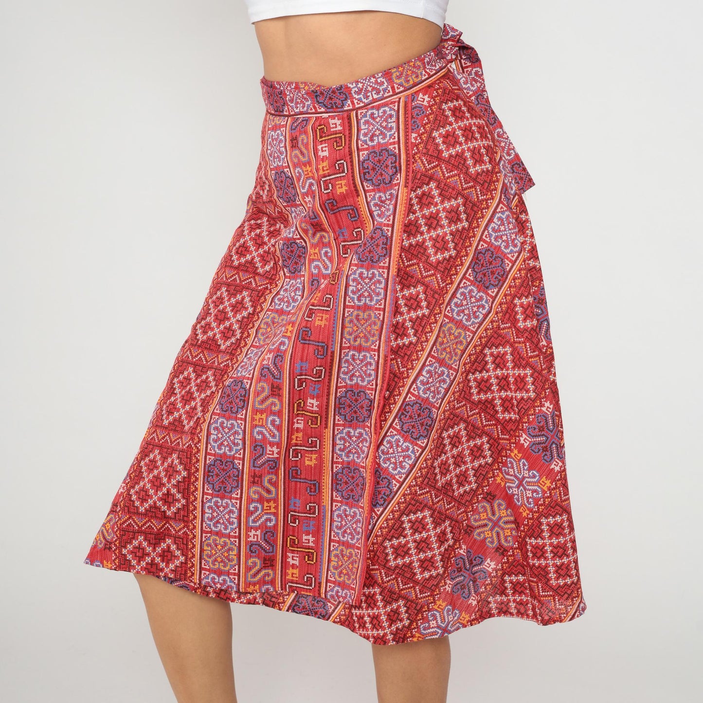 70s Paisley Wrap Skirt Coral Red Ethnic Geometric Print Knee Length Medium