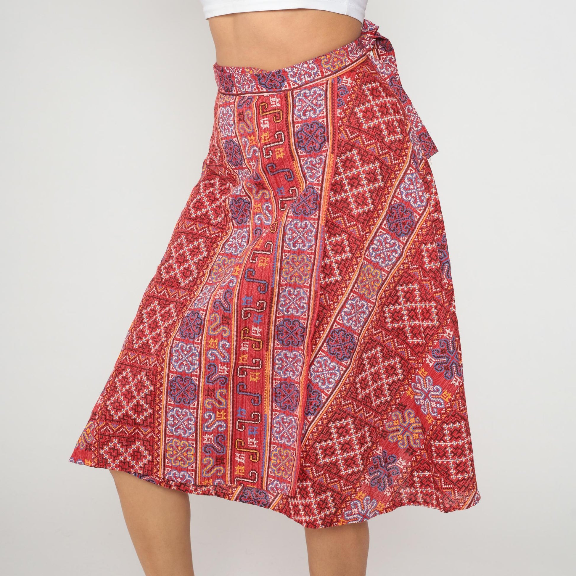 70s Paisley Wrap Skirt Coral Red Ethnic Geometric Print Knee Length Medium