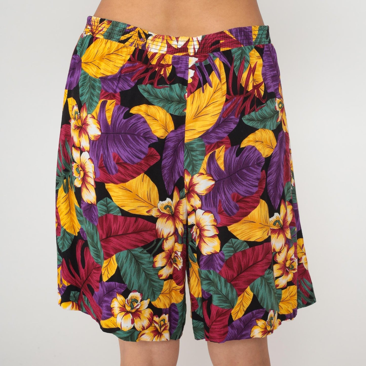 90s Sag Harbor Tropical Hibiscus Shorts High Waisted Wide Leg Purple Yellow Large