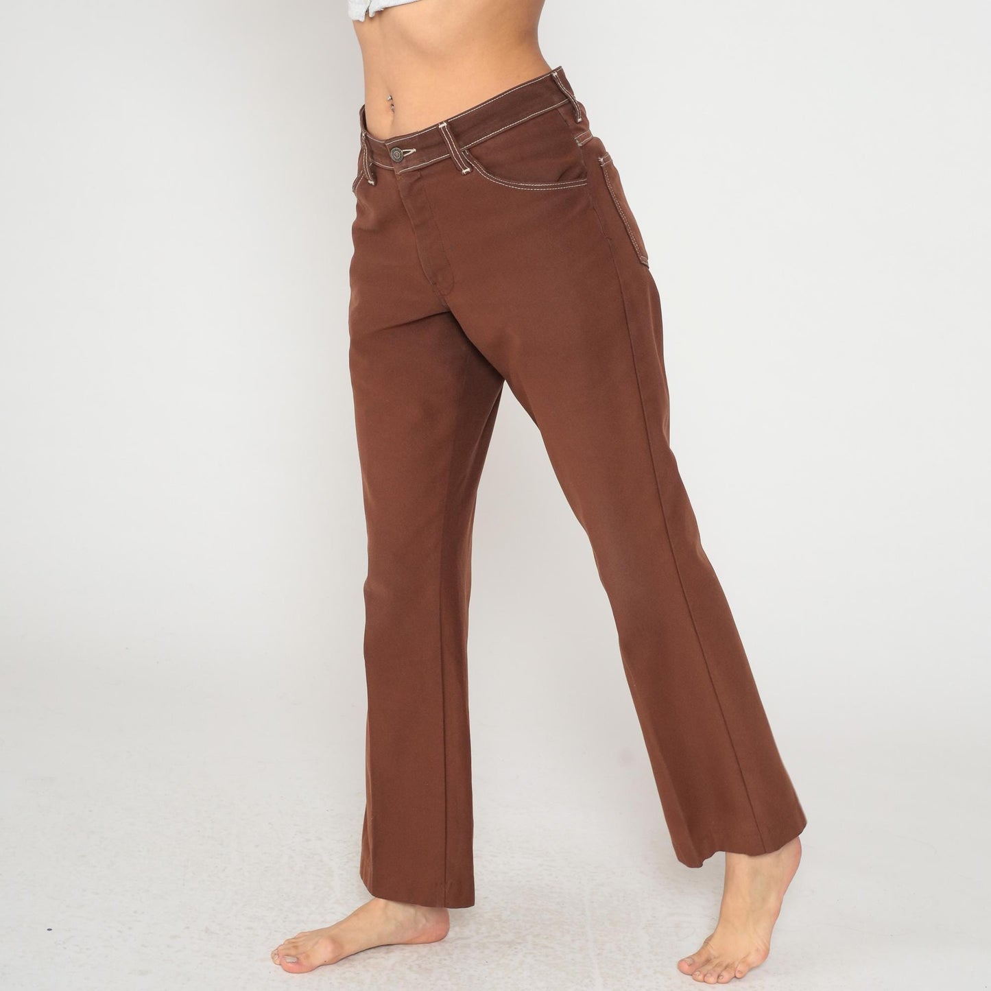 70s Farah Brown Flare Pants White Contrast Stitching Low Rise Medium