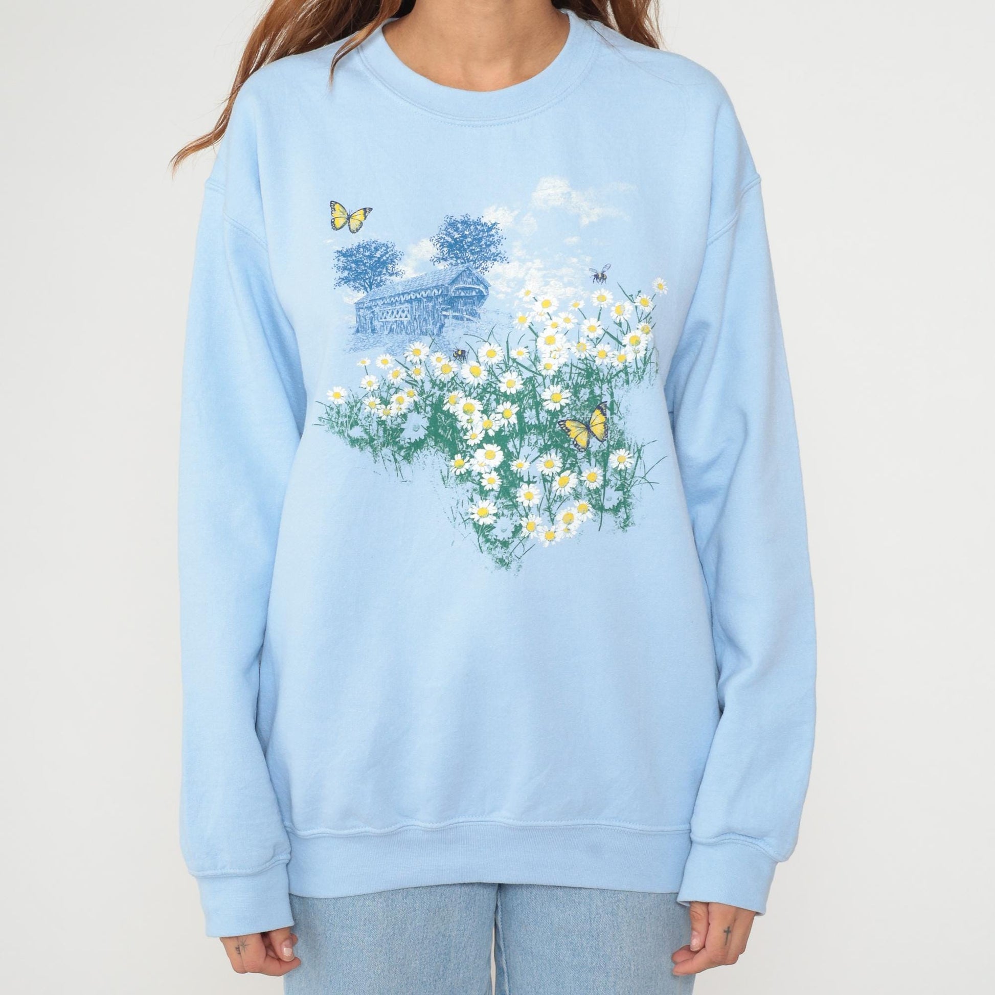 90s Light Blue Floral Sweatshirt Daisy Butterfly Covered Bridge Medium M