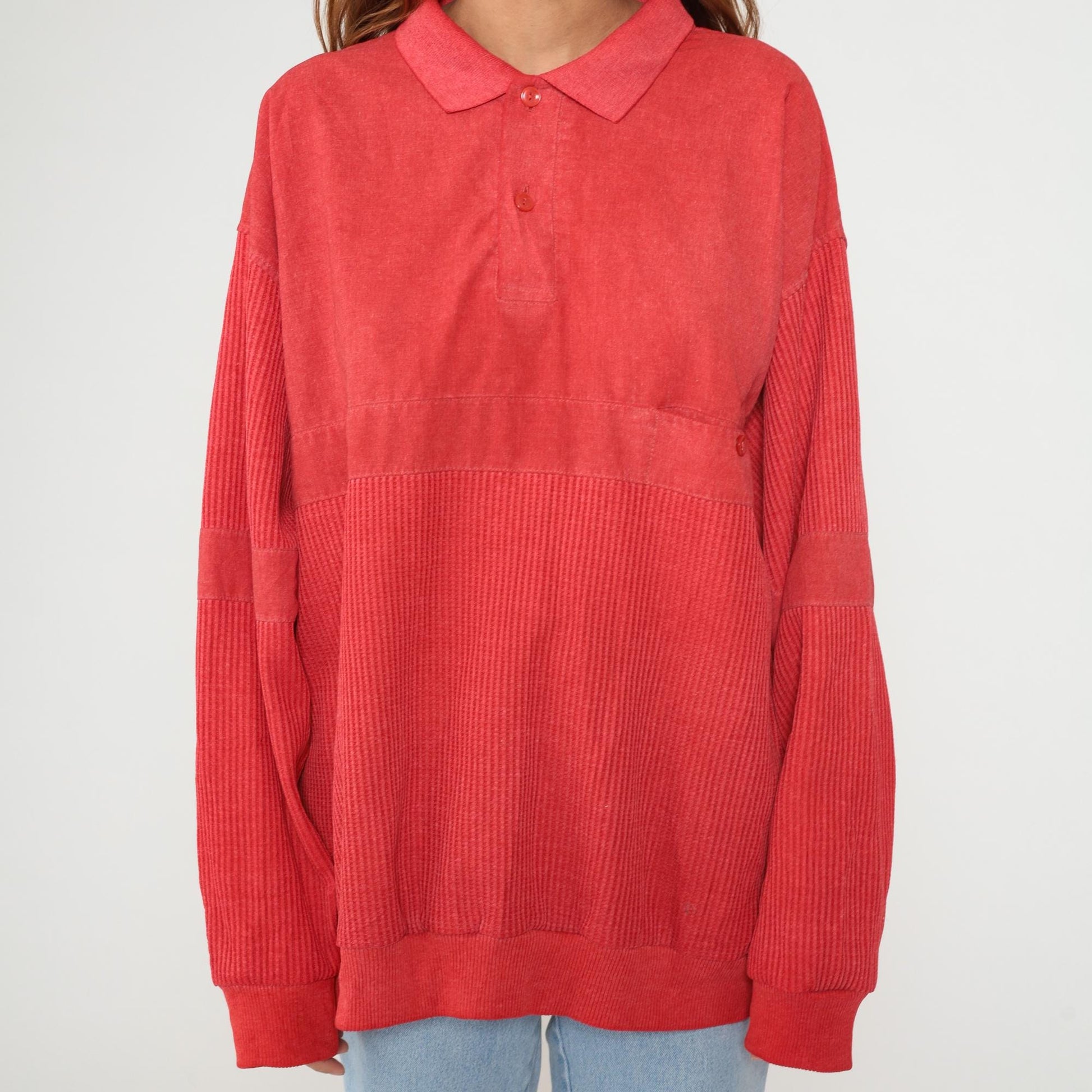 90s Knightsbridge Red Polo Sweatshirt Ribbed Knit XXL