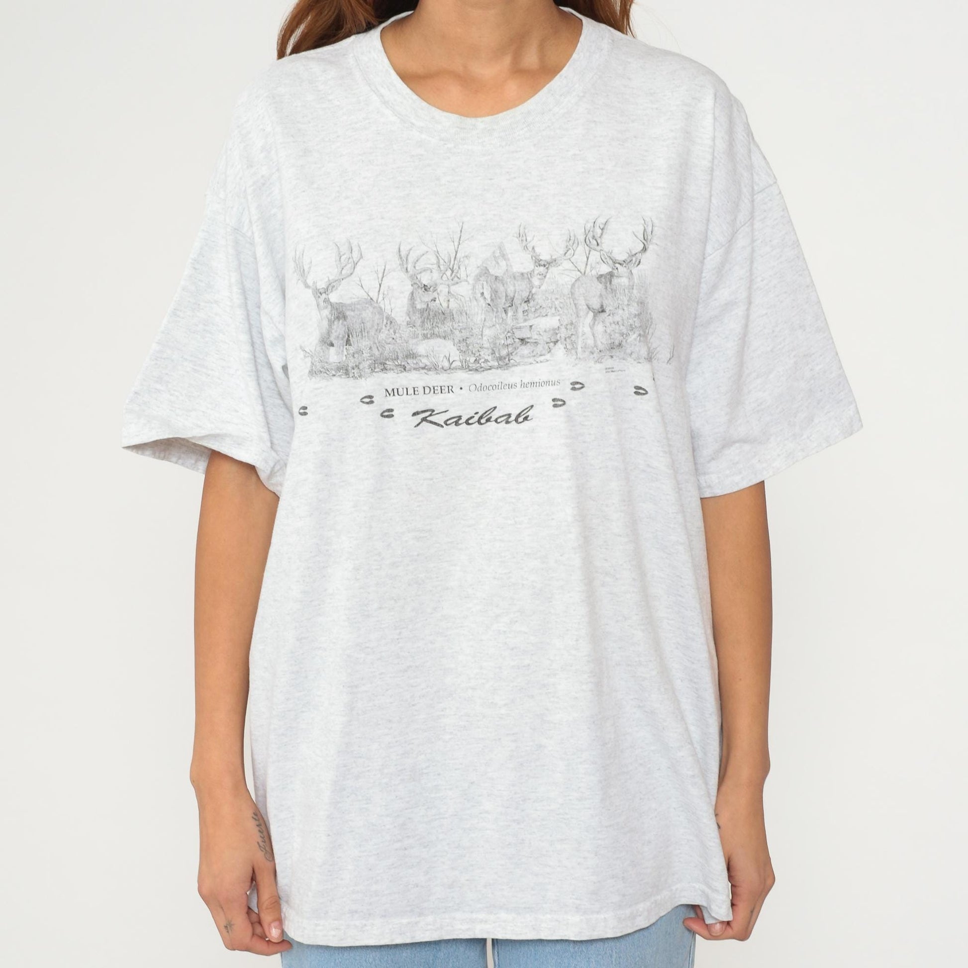 90s Mule Deer Kaibab Graphic T-Shirt Grey Cotton Wildlife Tee Extra Large XL