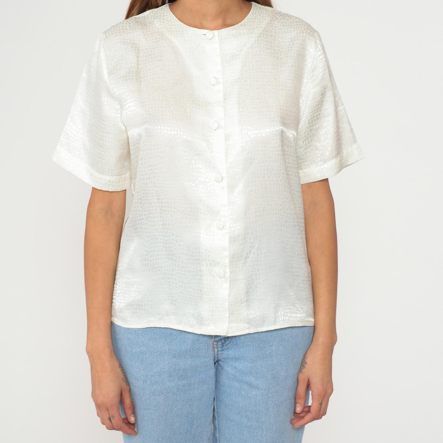 90s Tess Alligator Print Button-Up Blouse Cream Short Sleeve Medium M