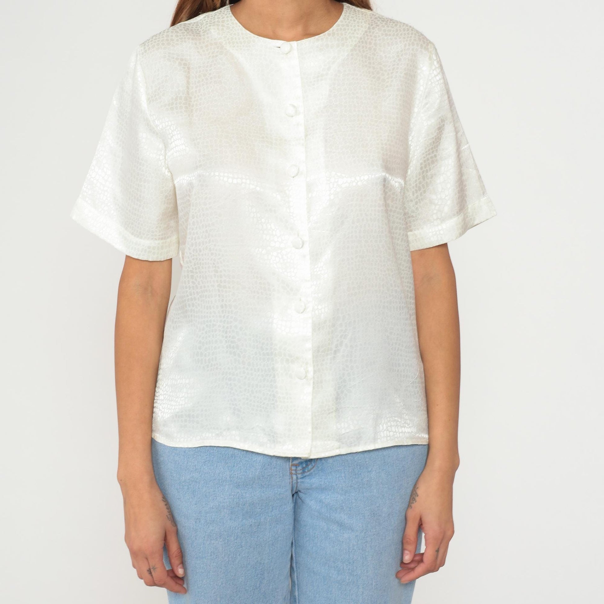 90s Tess Alligator Print Button-Up Blouse Cream Short Sleeve Medium M