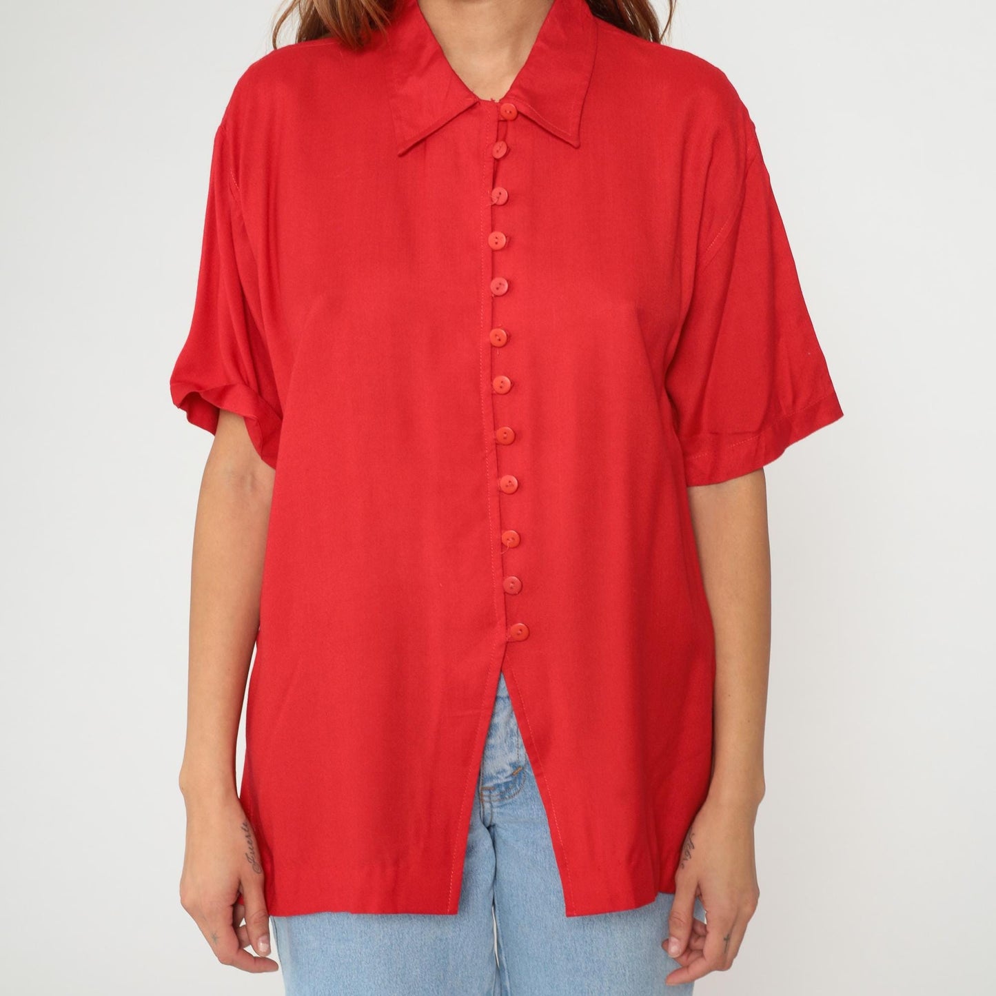 90s Rhythms Red Rayon Button-Up Shirt Pointed Collar Short Sleeve Medium M