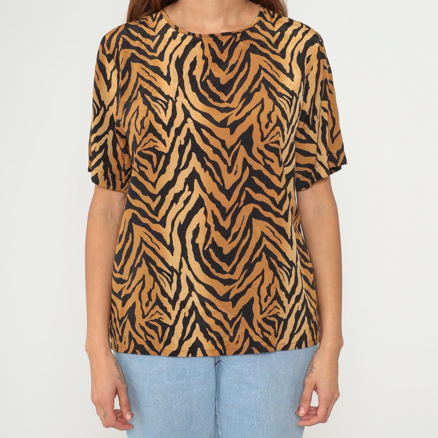 90s Kathie Lee Tiger Stripe Blouse Tan Black Short Sleeve Medium M
