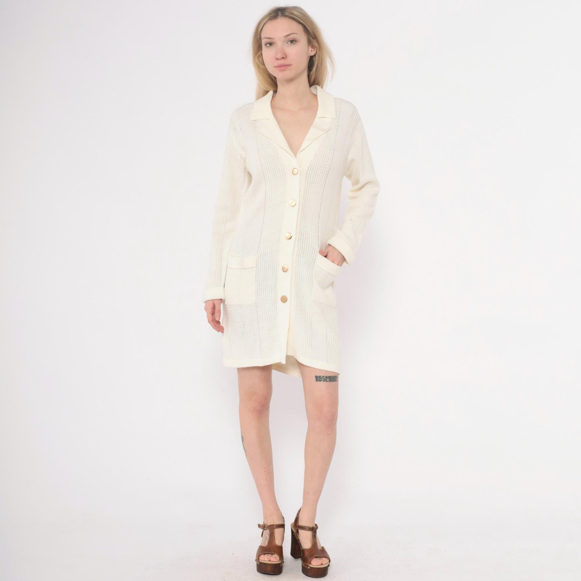 70s Cream Cable Knit Cardigan Dress Collared Button Front Large L