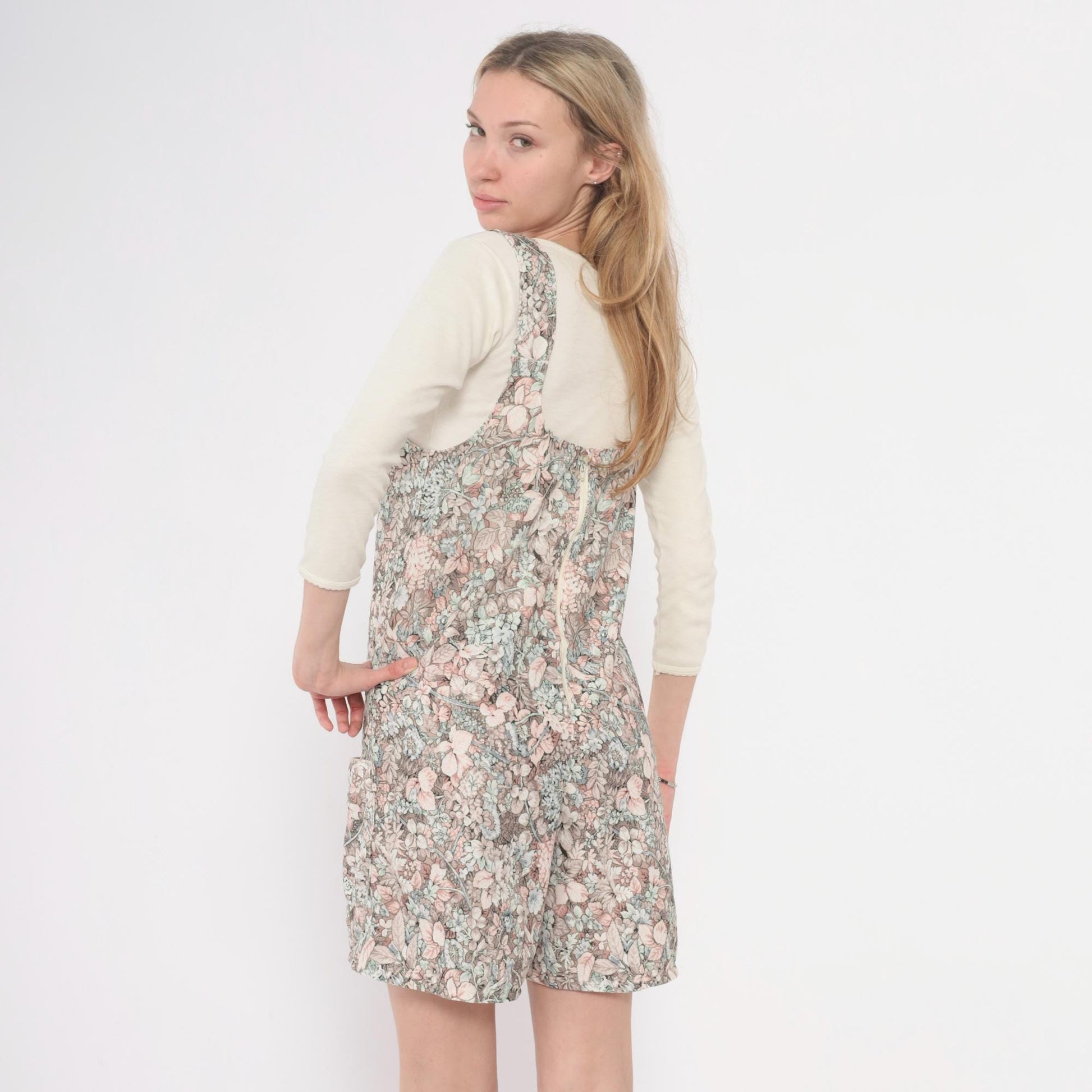 70s Floral Romper Pink Green Cream Scoop Neck Playsuit Small S