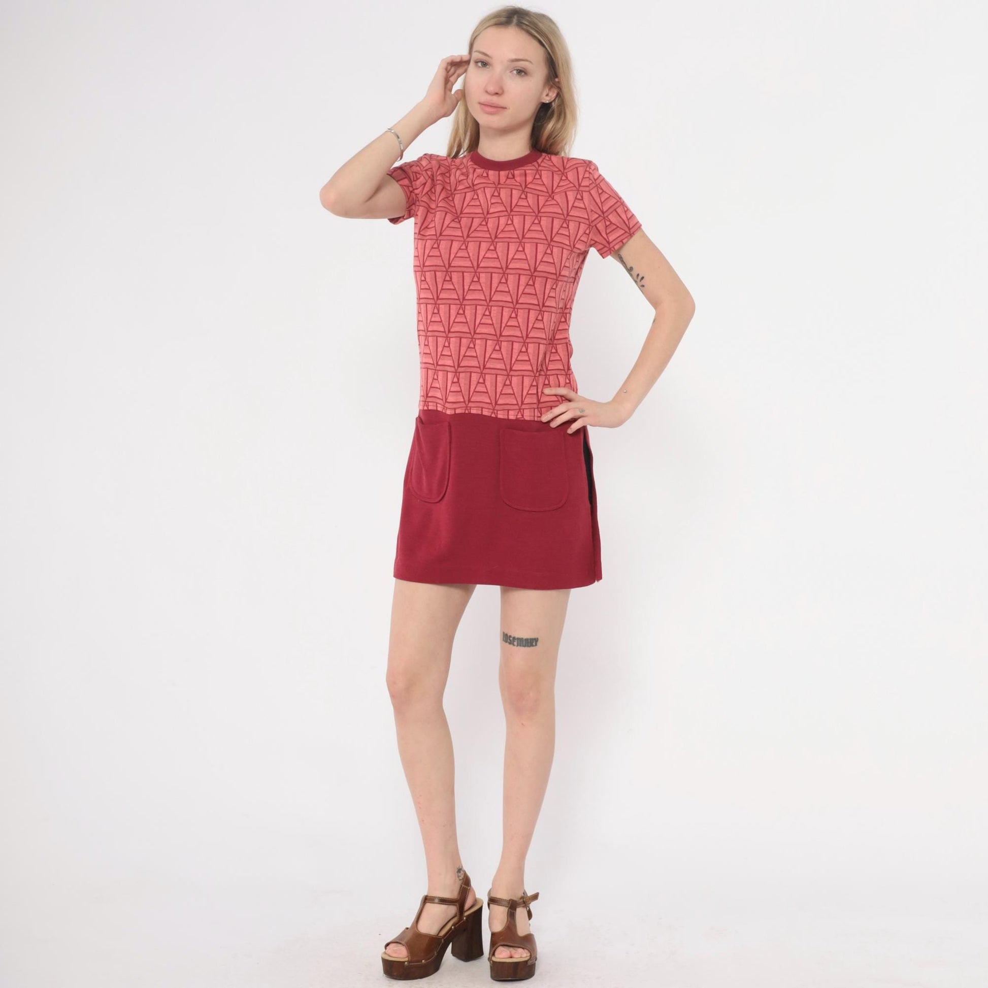 60s Coral Geometric Shift Dress Mini Knee-Length Mod Space Age Pink Extra Small XS