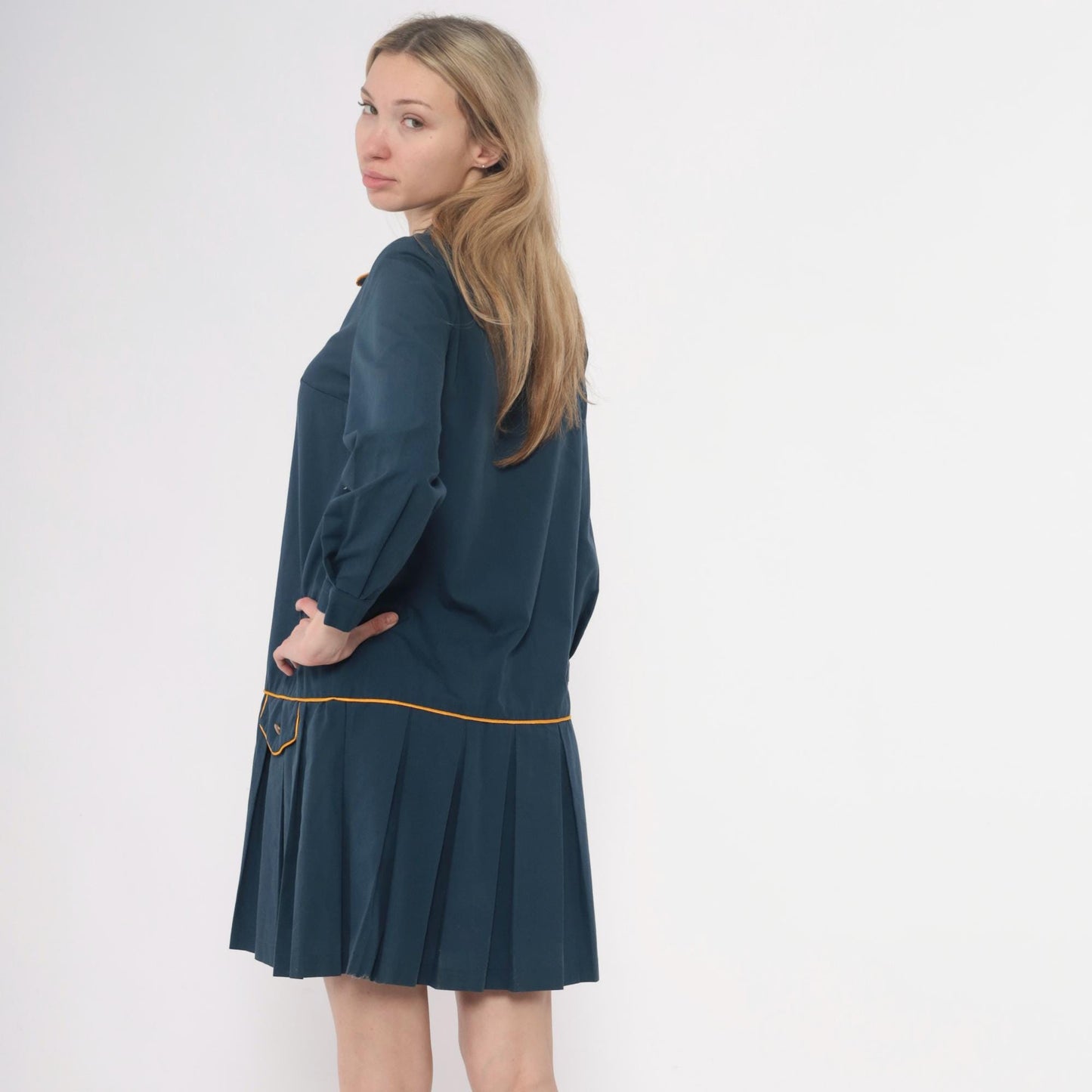 60s Navy Cotton Collared Drop Waist Dress Yellow Piping Pleated Small