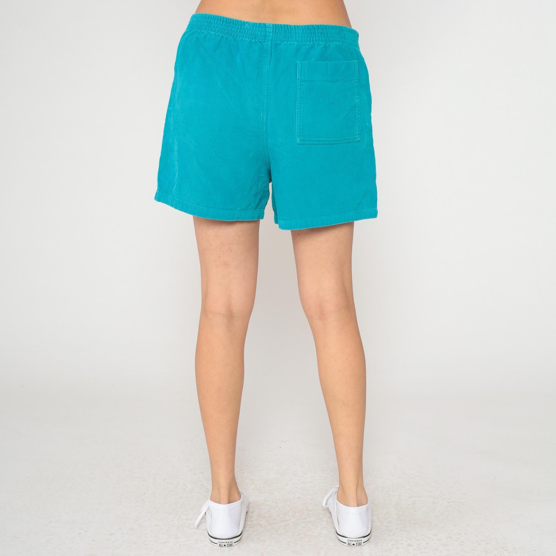 80s Turquoise Corduroy Shorts High Waisted Mini Elastic Waist Large
