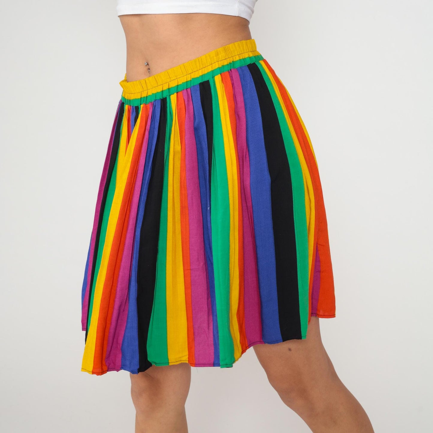 80s Rainbow Stripe Mini Skirt High Waisted Pleated Yellow Green Blue Red Medium M