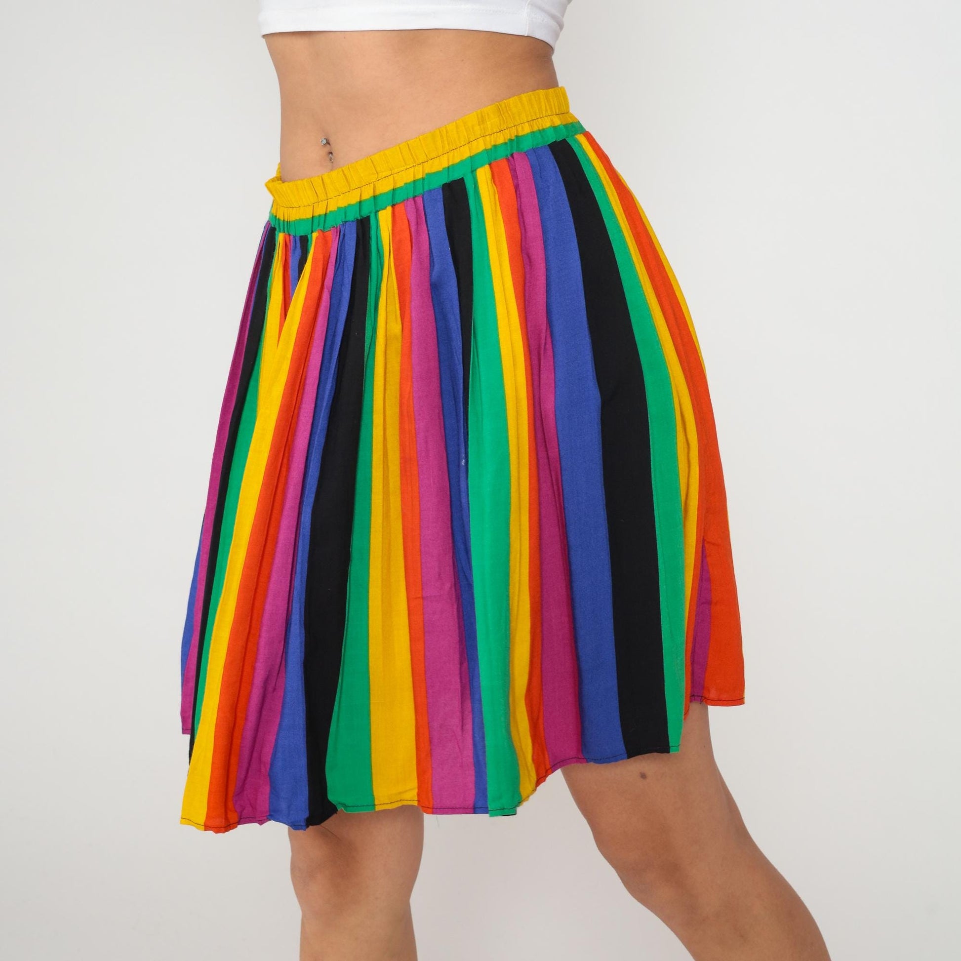 80s Rainbow Stripe Mini Skirt High Waisted Pleated Yellow Green Blue Red Medium M