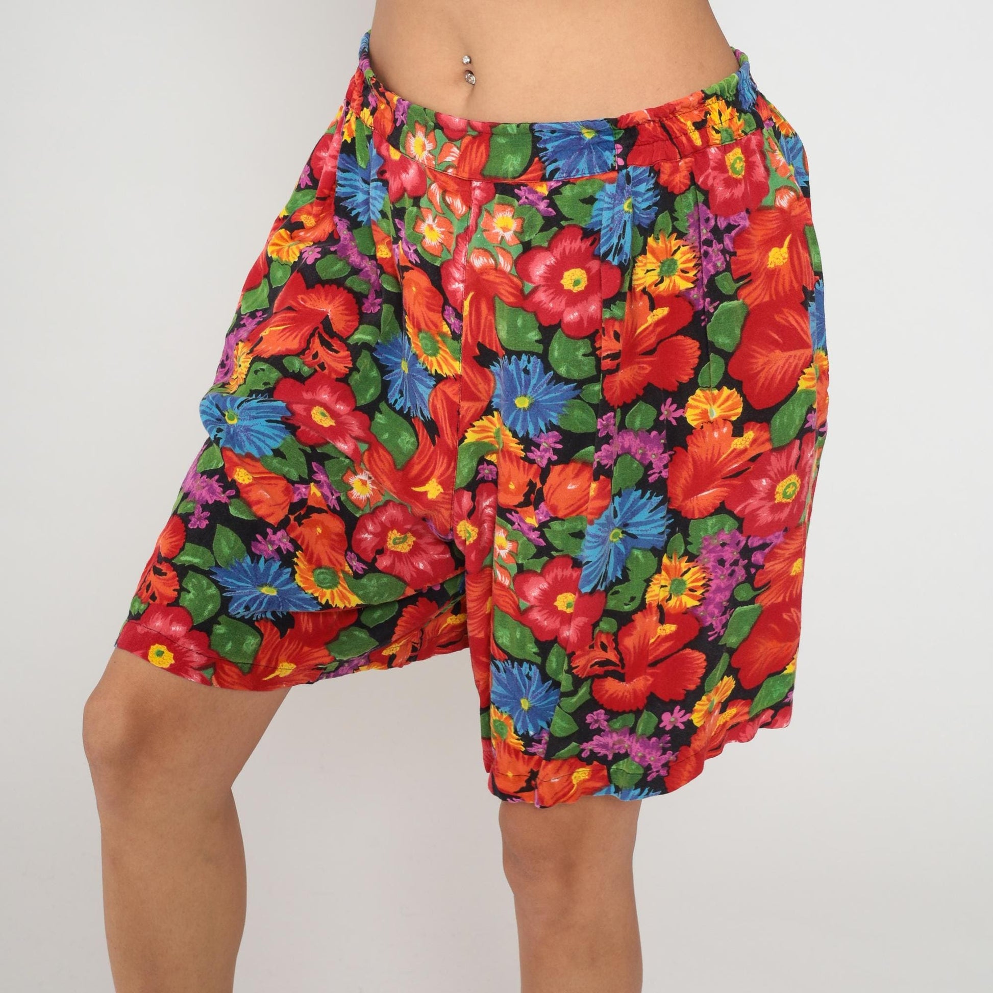 90s Tropical Floral Shorts Plus Size Hibiscus Print Black Rayon XXL
