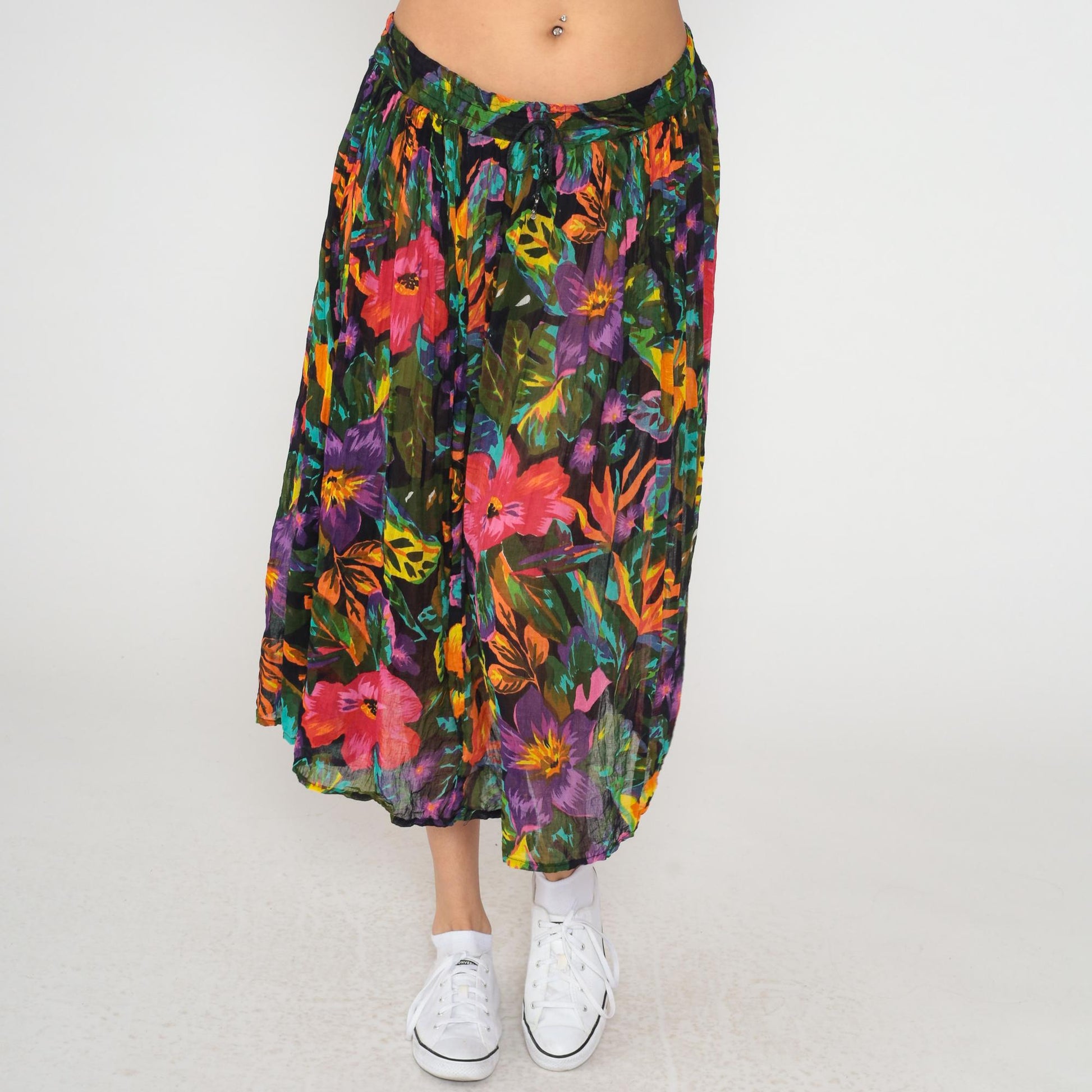 90s Tropical Floral Midi Skirt Black Pink Purple Orange Rayon Gathered Waist Medium