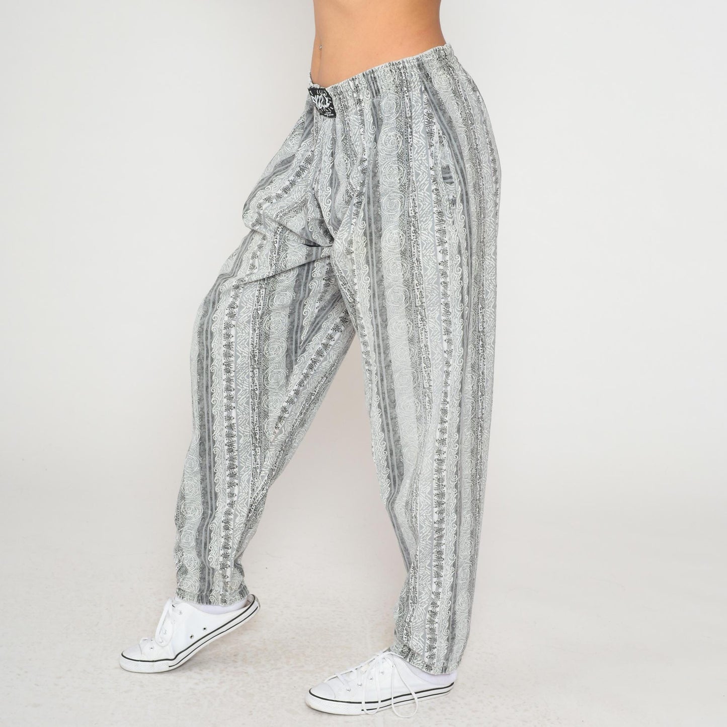 90s Sizzle Geometric Print Lounge Pants Grey White Elastic Waist Large