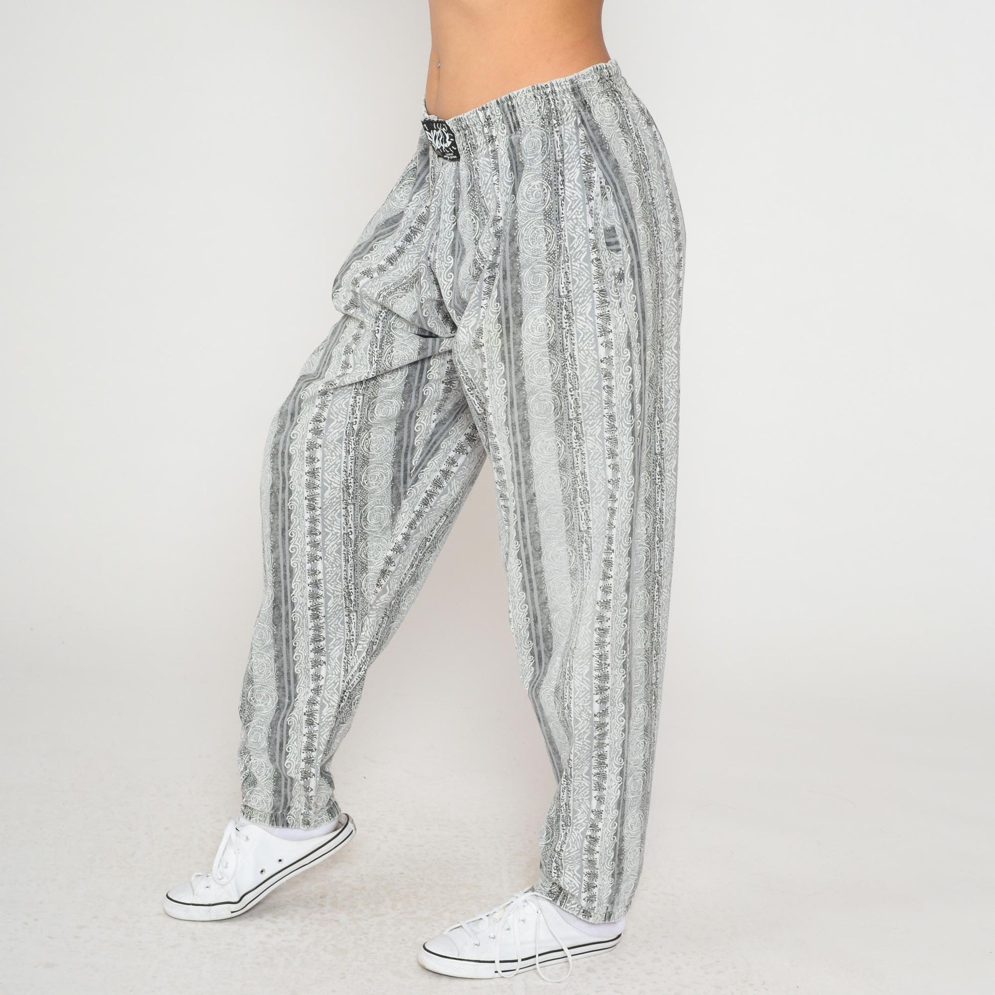 90s Sizzle Geometric Print Lounge Pants Grey White Elastic Waist Large