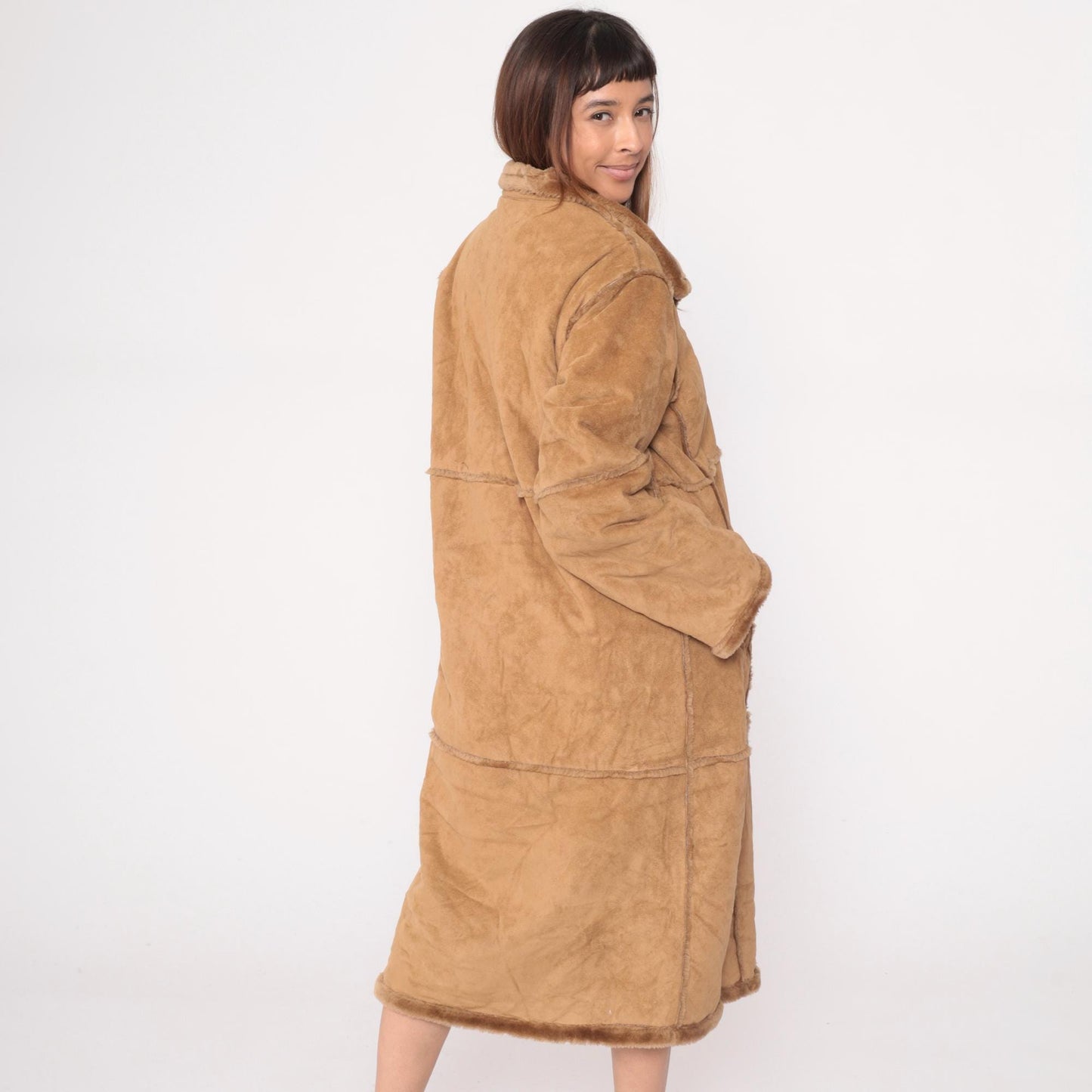 Y2K St Johns Bay Tan Faux Shearling Coat Fur-Trimmed Collar Petite Large