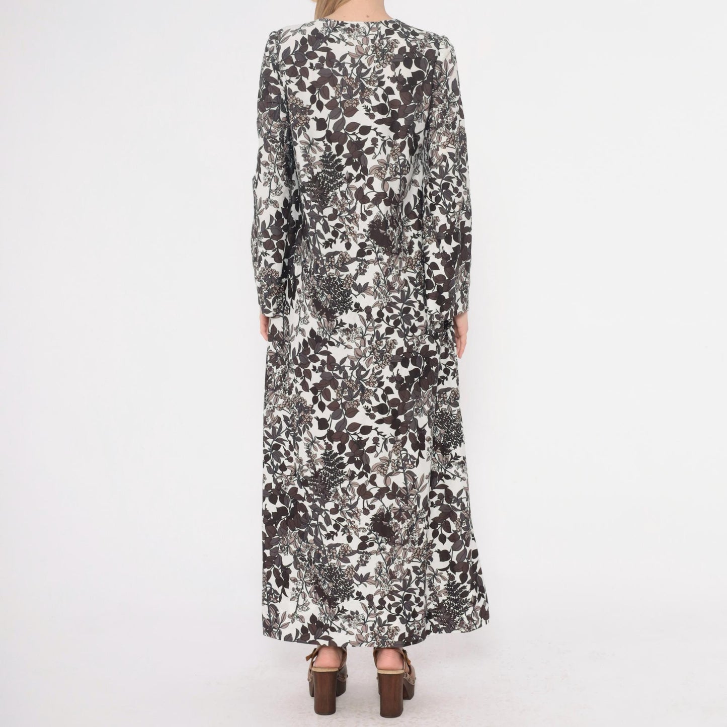 70s Black White Floral Maxi Dress Long Sleeve Botanical Print Round Neck Medium