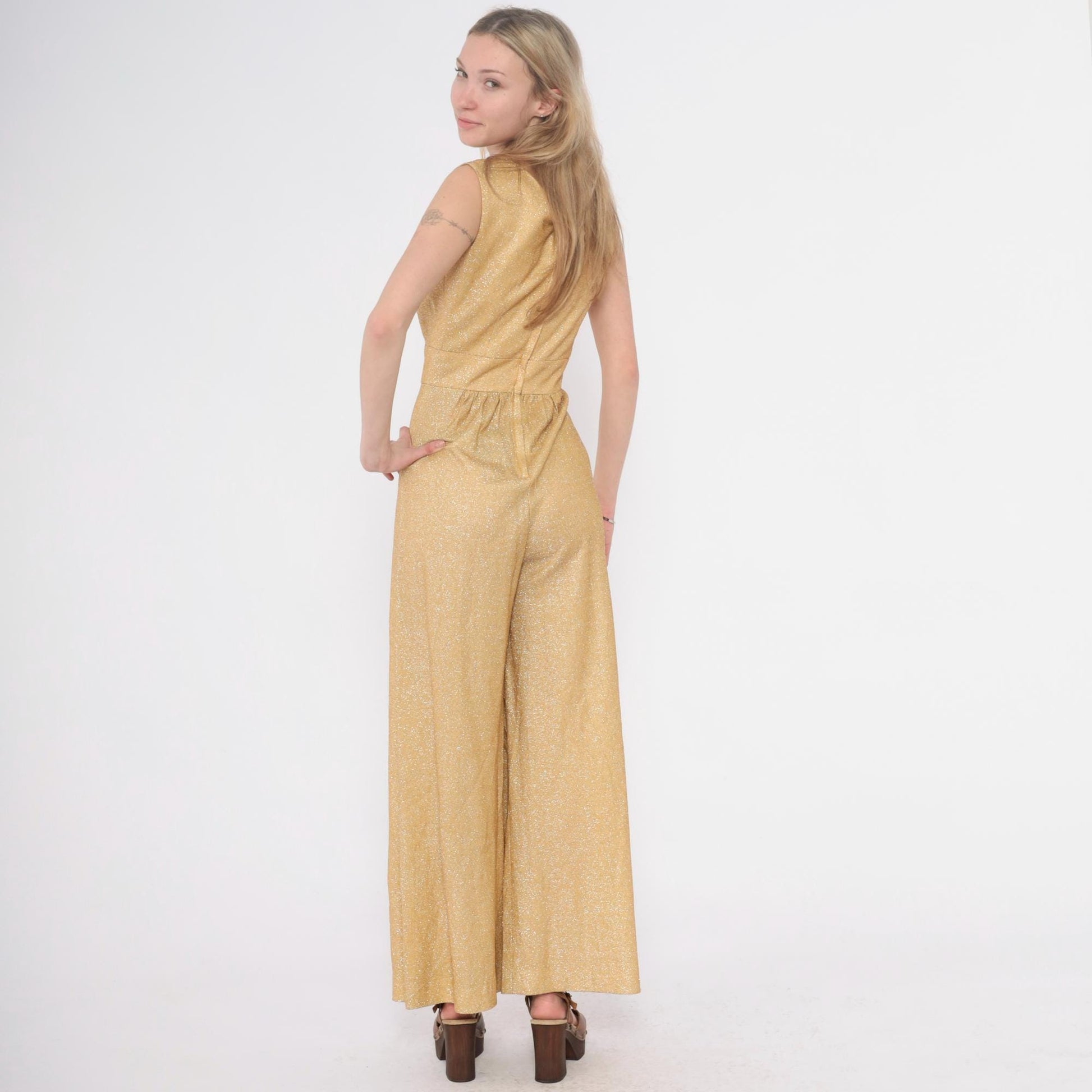 70s Gold Metallic Jumpsuit Sleeveless V-Neck Wide Leg Spiegel Small