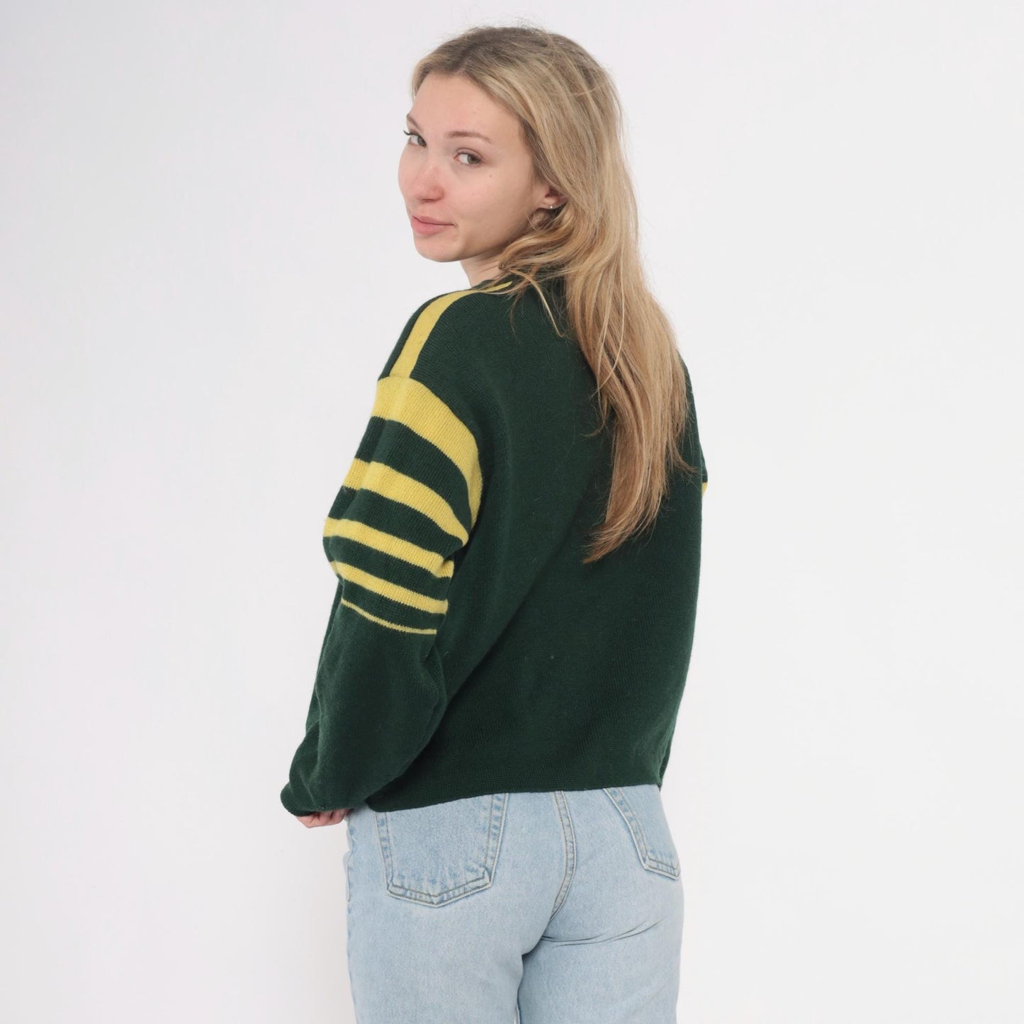 70s Norvyk by Renoir Wool Sweater Forest Green Striped Sleeves Large
